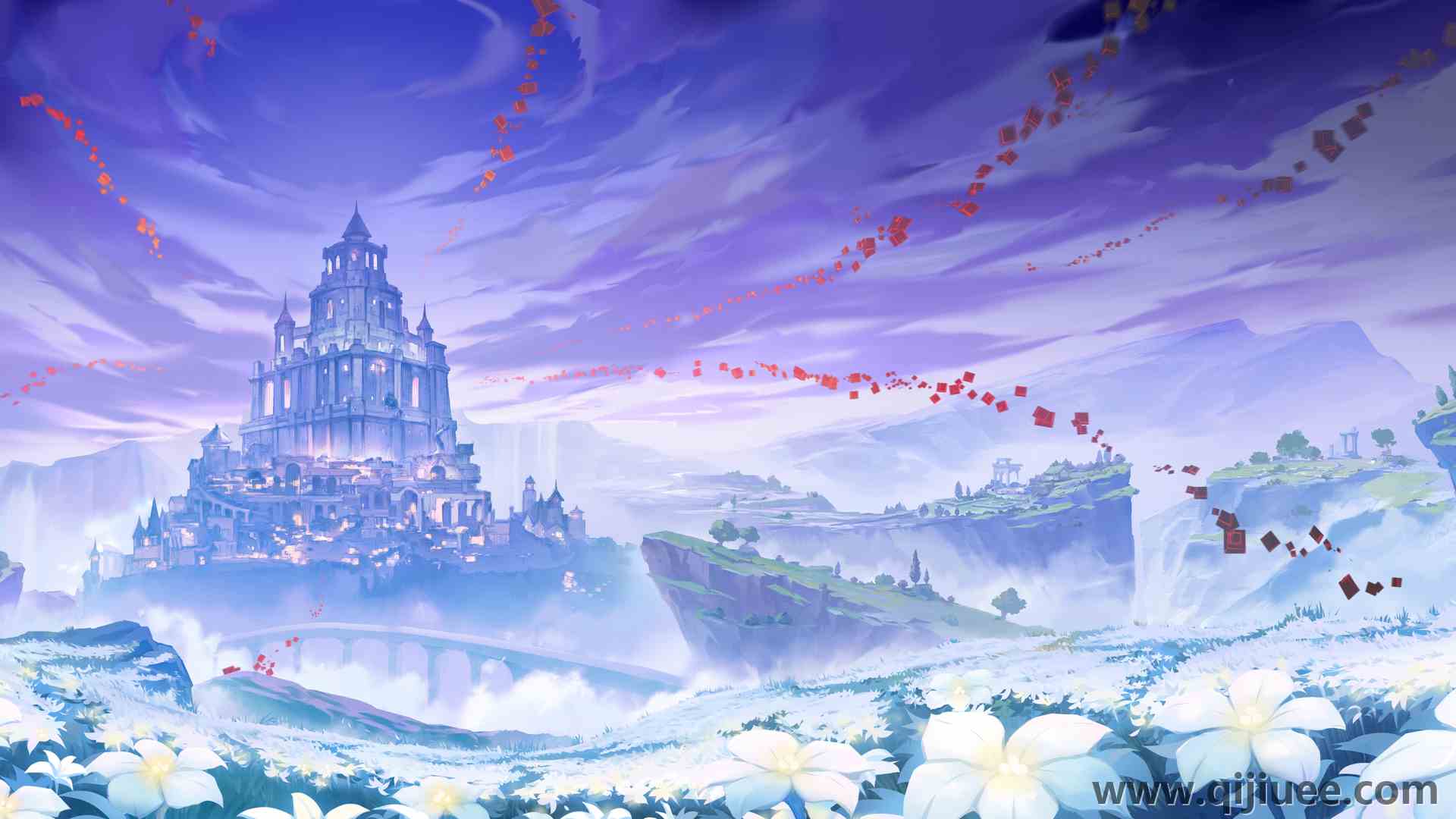 原神 田野 城堡 花 悬崖  4K壁纸5120 x 2160/4.8 MB-柒染云阁