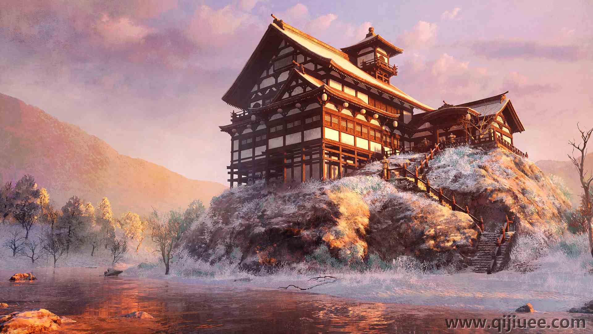 AI艺术 数字绘画 建筑 日落 森林 雪 河流  4K壁纸6000 x 3000/10.93 MB-柒染云阁