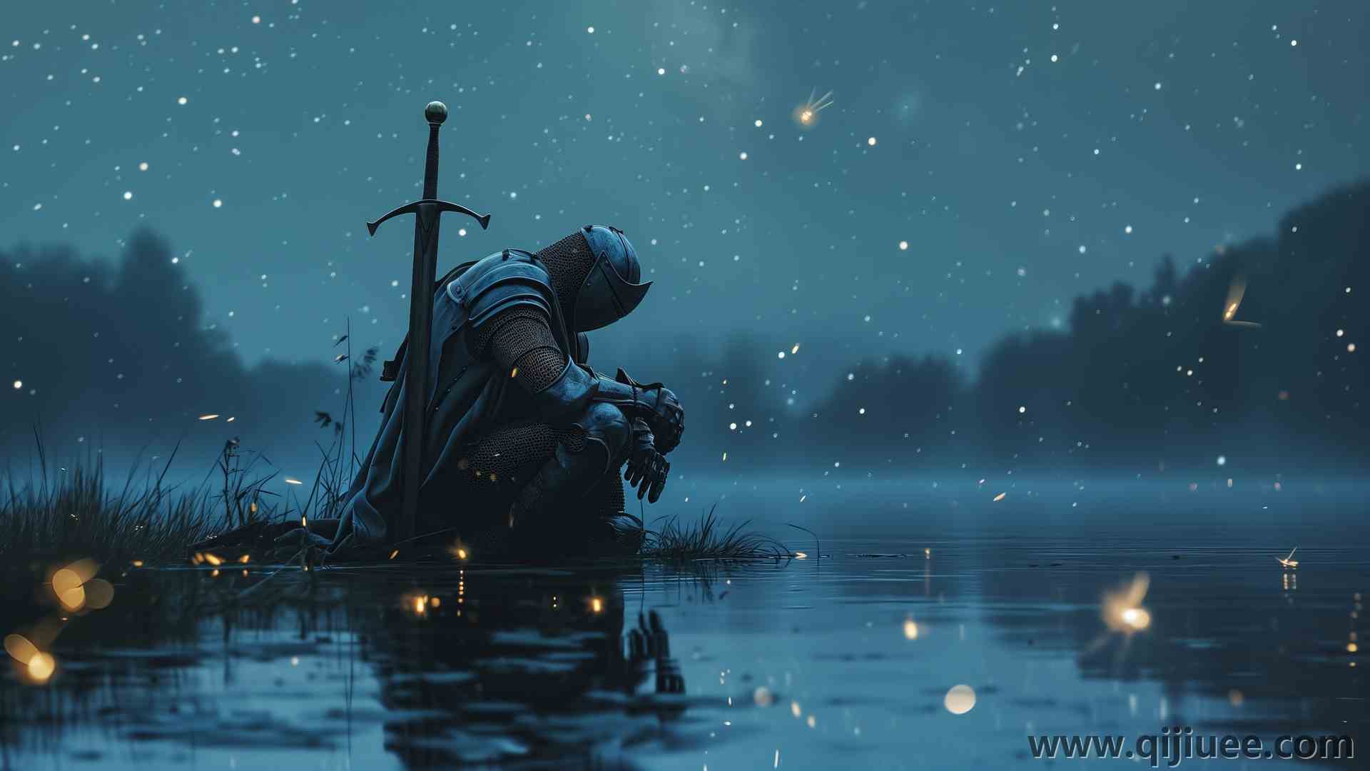 骑士 坐着 AI艺术 剑 萤火虫 湖 反射 蓝色 电脑壁纸 4K壁纸5824 x 3264/7.89 MB-柒染云阁