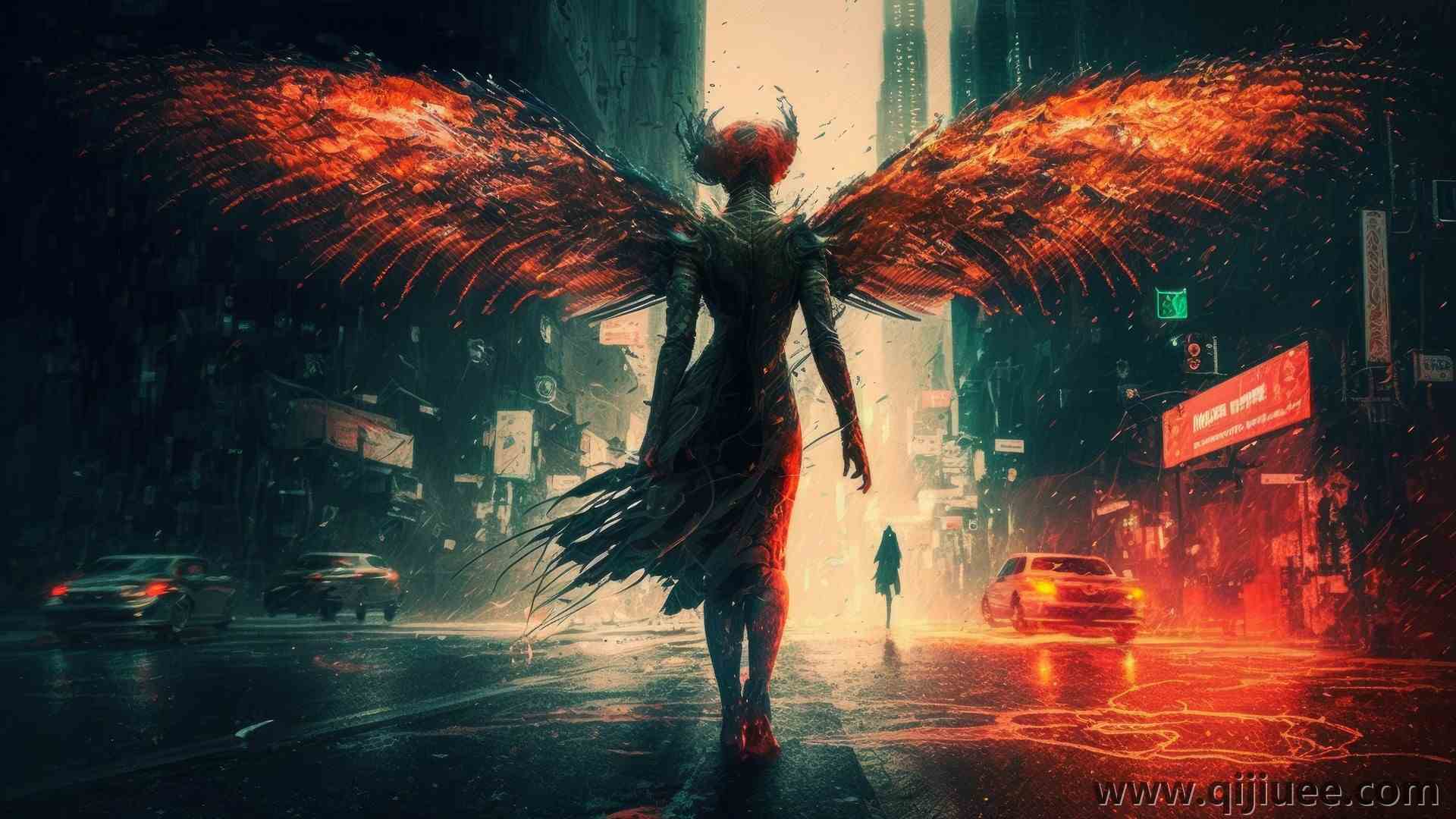 艺术 插图 天使 恶魔 翅膀 街道 城市 火 前灯  4K壁纸4579 x 2616/2.6 MB-柒染云阁