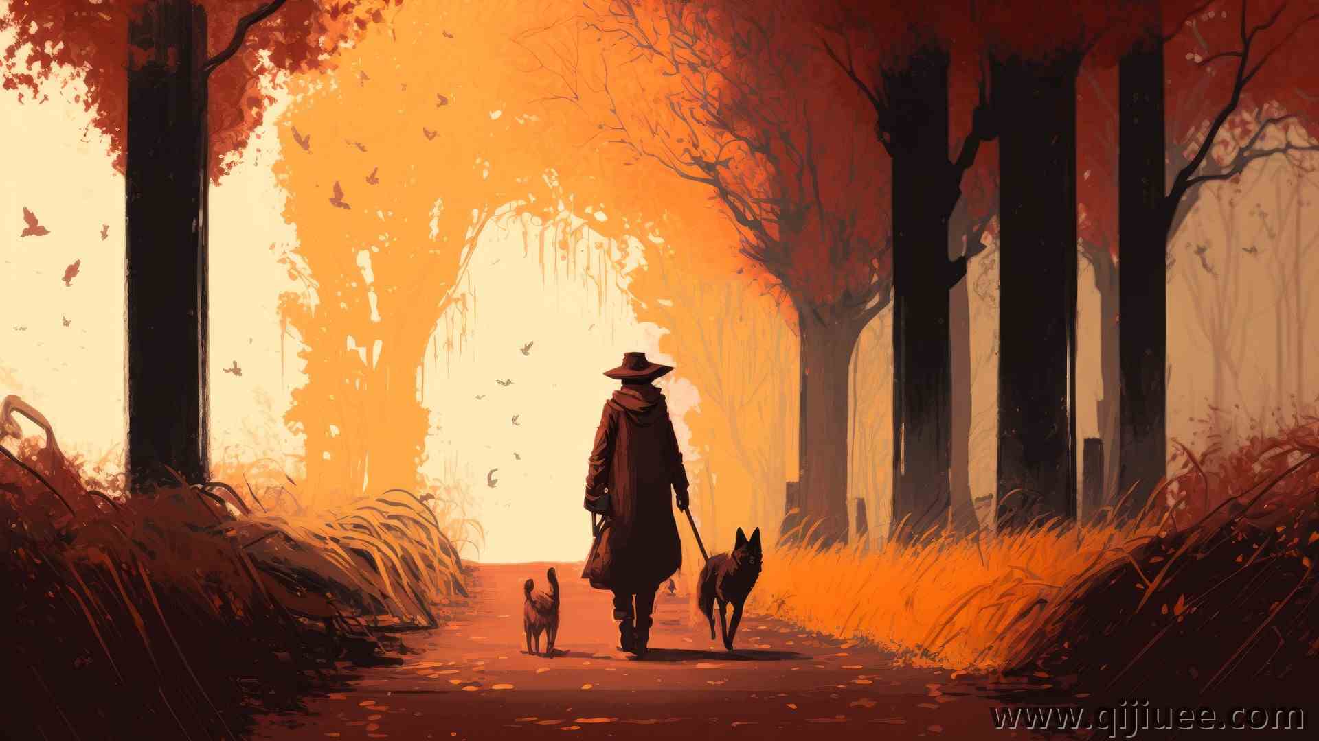 艺术 橙色 插图 狗 秋天 路径 动物 树木  4K壁纸4579 x 2616/1.53 MB-柒染云阁