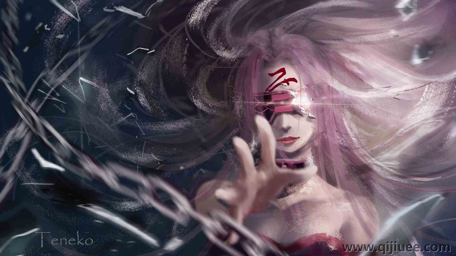 长发 紫色头发 命运 天堂 动漫女孩 锁链 眼罩 骑手  4K壁纸5245 x 2894/9.86 MB-柒染云阁