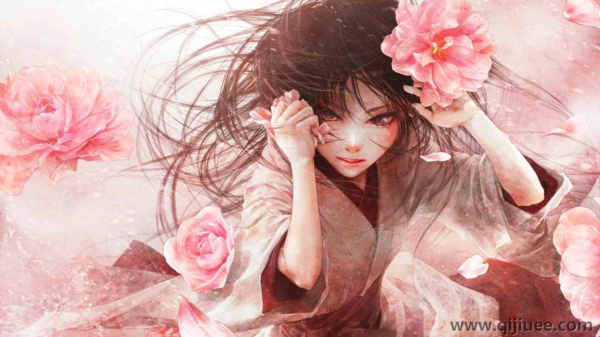 深色头发 原创人物 长发 动漫 动漫女孩 和服 粉色玫瑰 腮红 紫色眼睛 服装  4K壁纸4000 x 2832/6.49 MB-柒染云阁