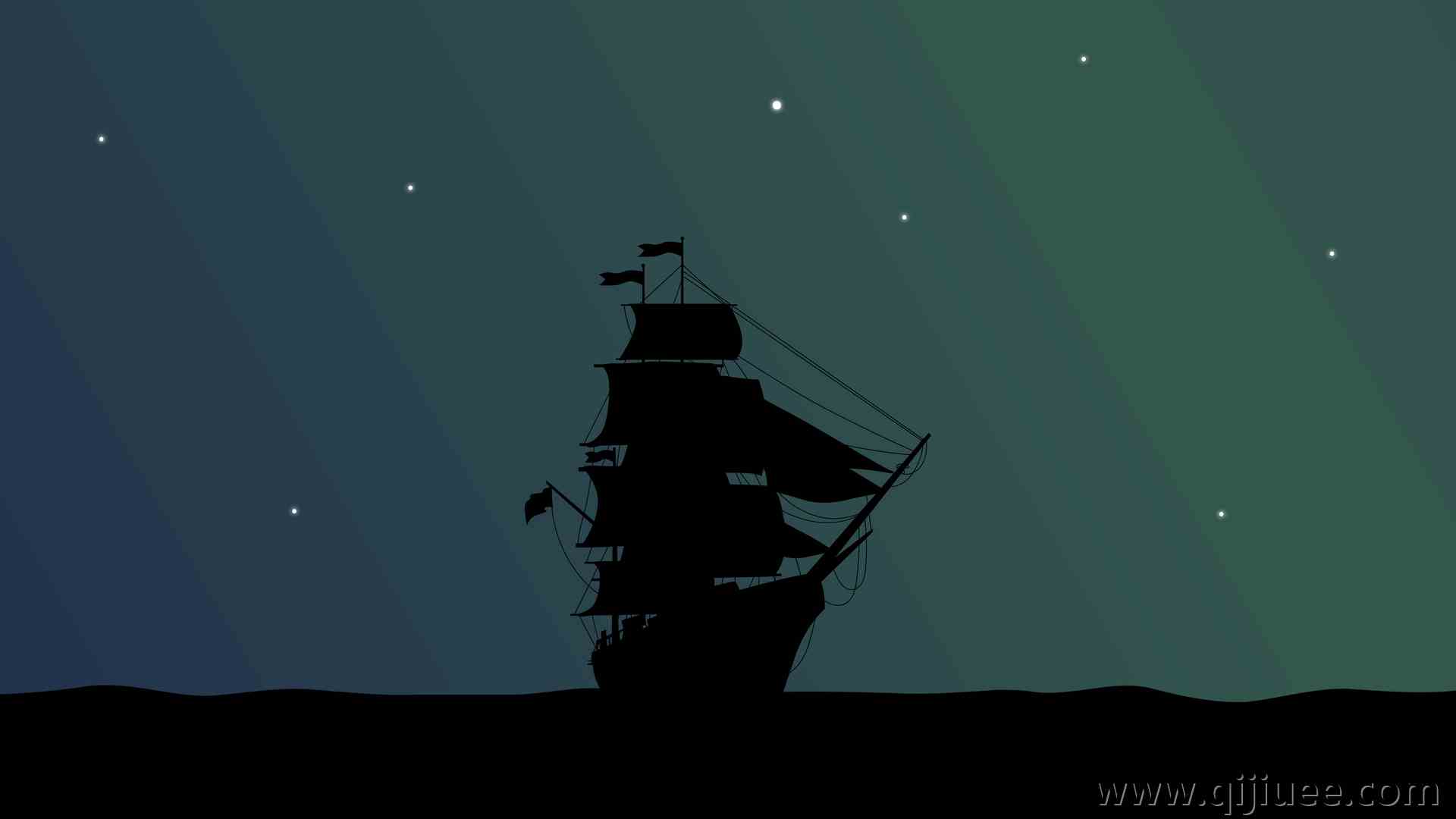 极简主义 星星 夜晚 海盗船 大海 剪影 8K壁纸7680 x 4320/0.65 MB-柒染云阁