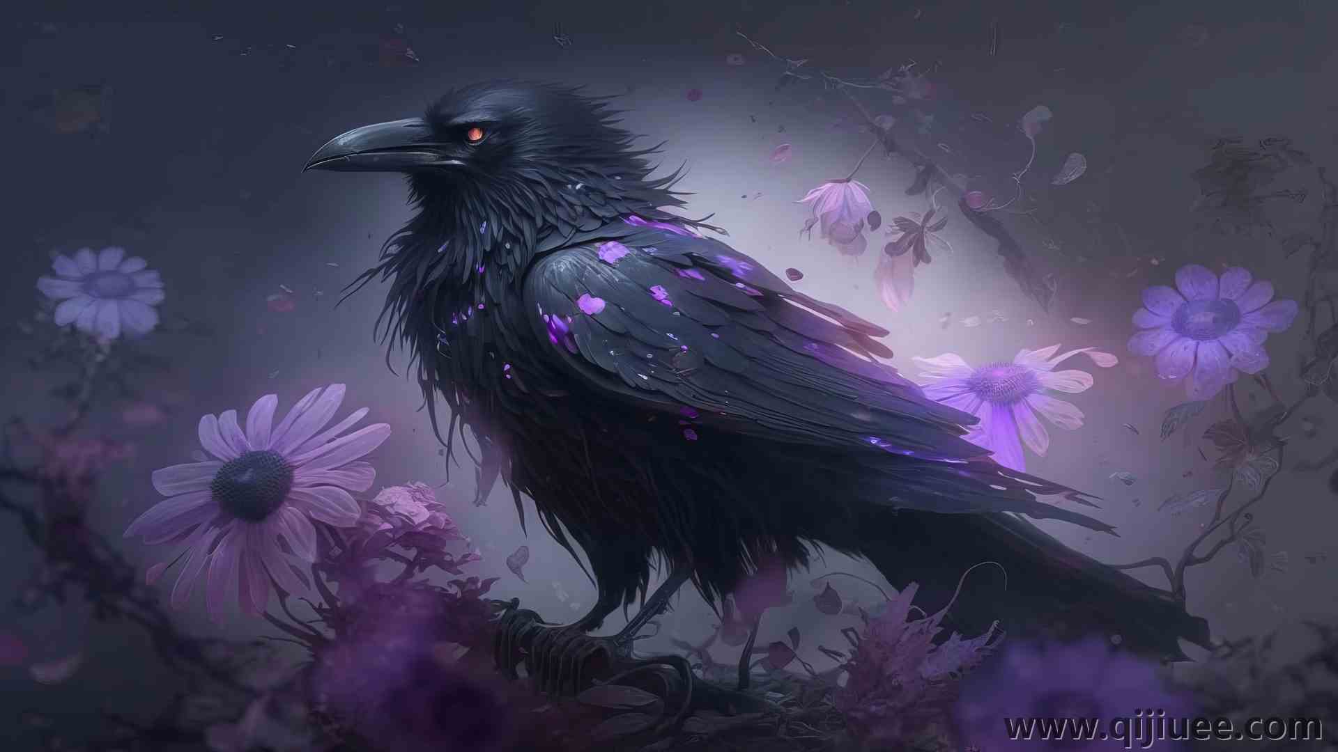 艺术 插图 鸟类 动物 乌鸦 紫色 花 花瓣 4K壁纸4579 x 2616/5.14 MB-柒染云阁