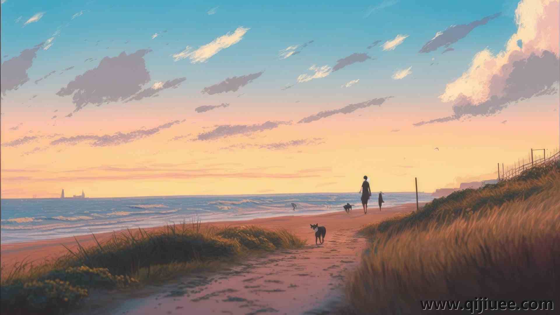 艺术 插图 海滩 云 海 水 沙 天空 夕阳辉光 4K壁纸4579 x 2616/1.13 MB-柒染云阁