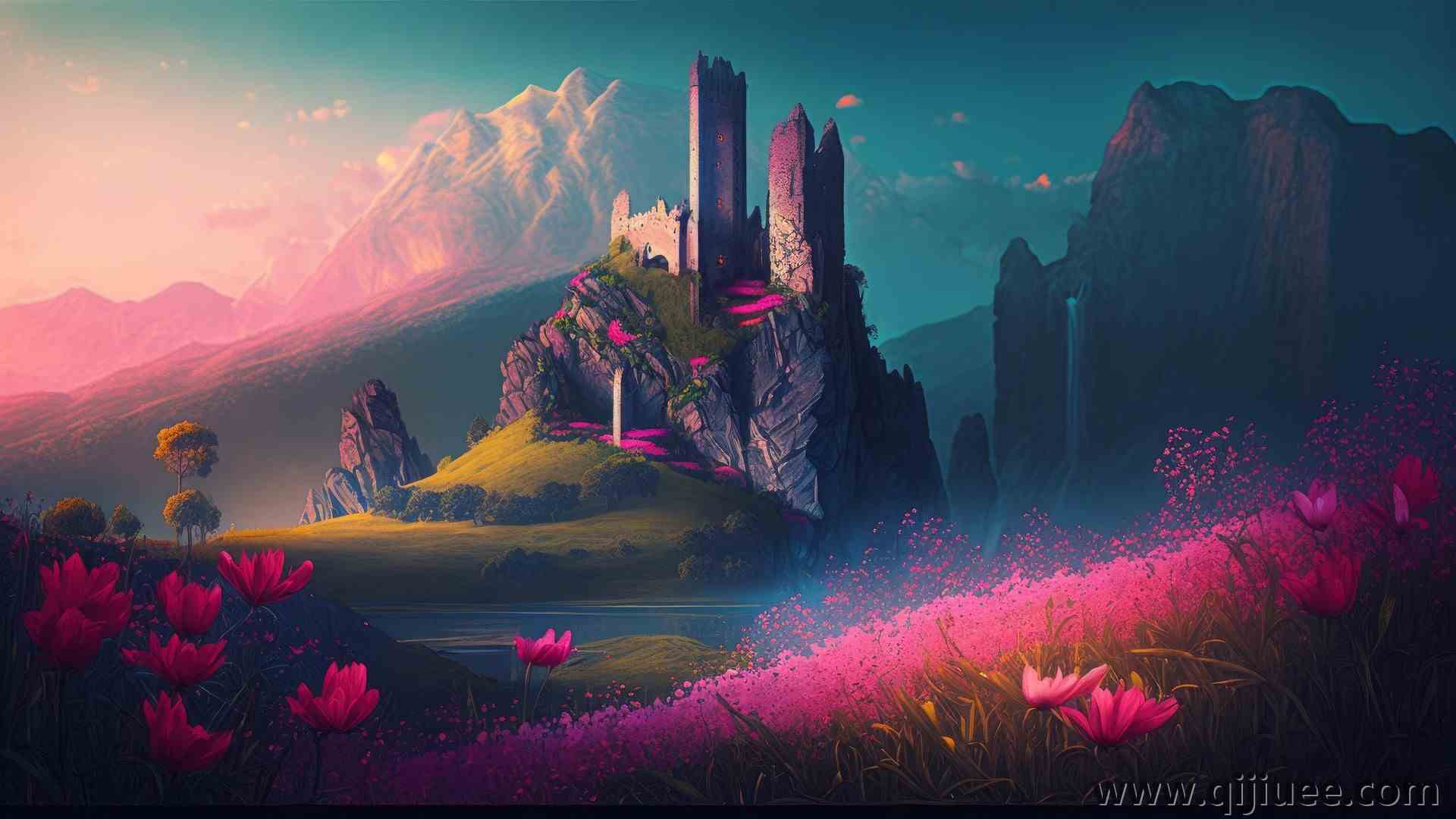 艺术 插图 城堡 花 紫色 草 粉色花  4K壁纸4579 x 2616/1.87 MB-柒染云阁