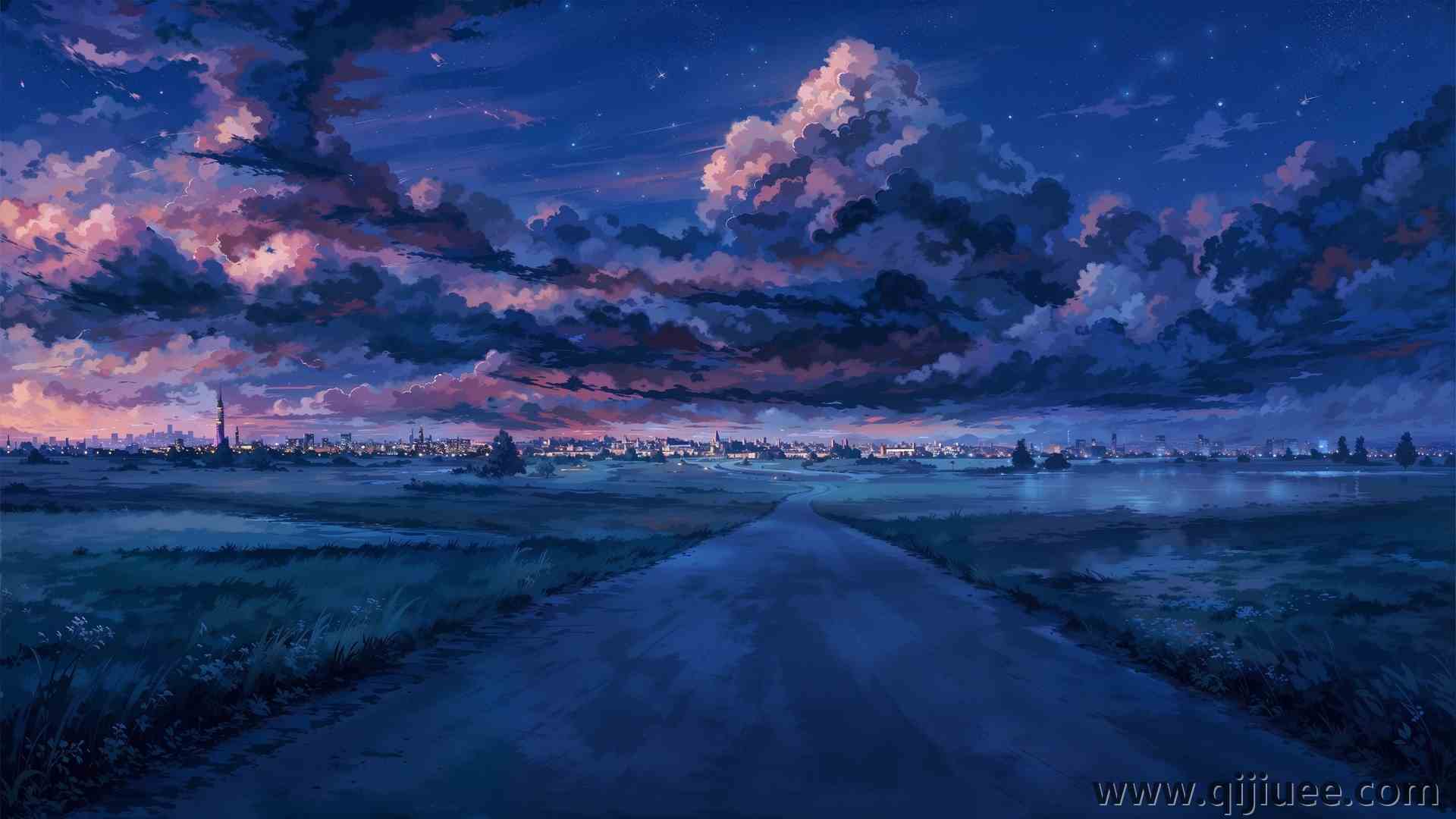 城市景观 云 日落 星夜 夏天 平静道路 田野 蓝色 风景 城市 灯光 天空 动漫 4K壁纸3840 x 2160/1.78 MB-柒染云阁