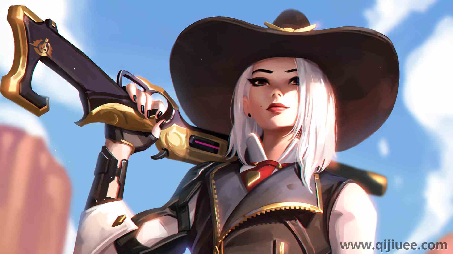 电子游戏女人 白发 AI艺术 守望先锋 插图 武器 猎枪 电脑游戏 牛仔帽 帽子 黑色指甲 红色口红  4K壁纸3840 x 2160/1.76 MB-柒染云阁