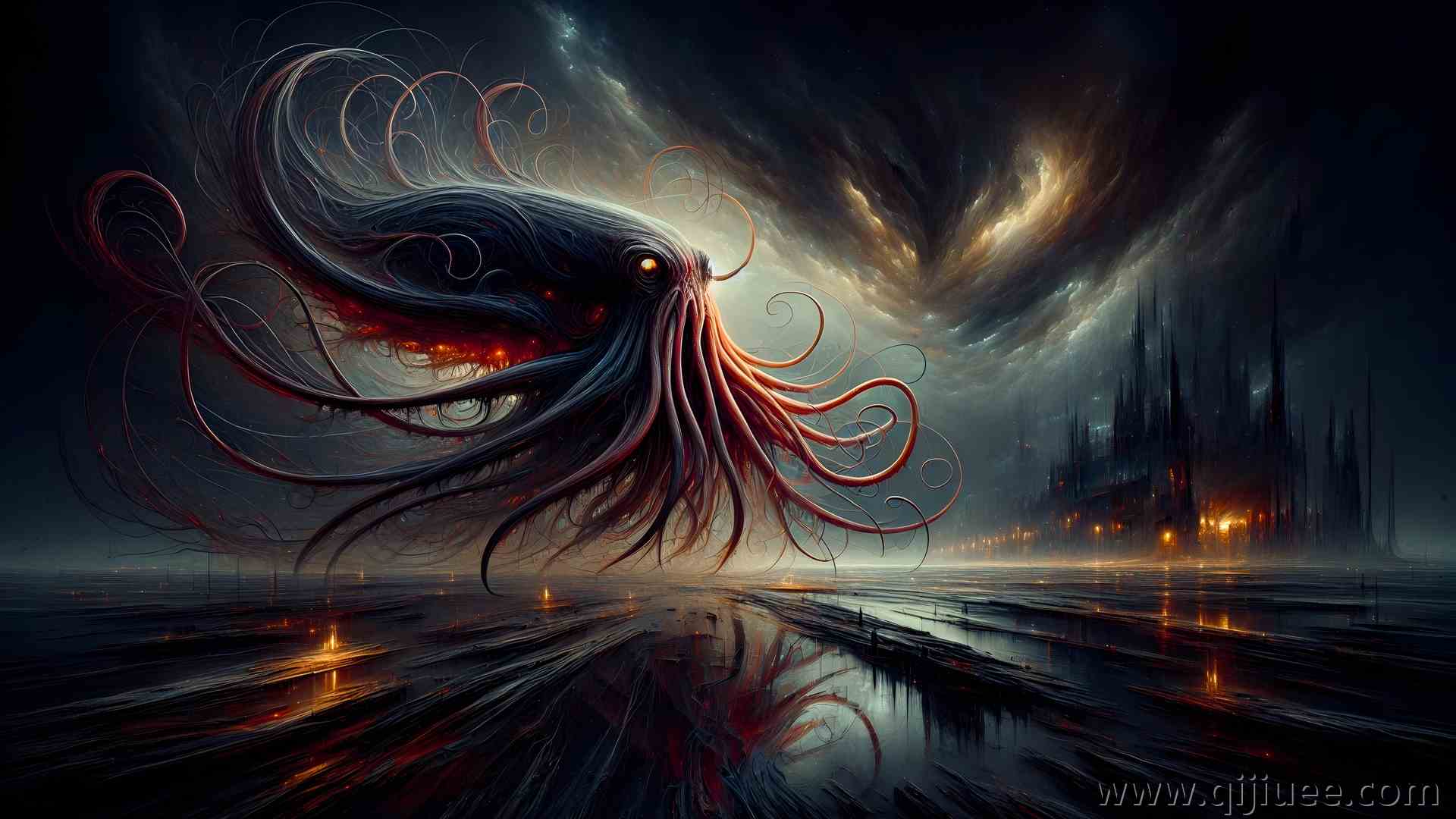 章鱼怪 黑暗幻想 幻想城堡  电脑贴纸 4K贴纸5760 x 3291/4.78 MB-柒染云阁