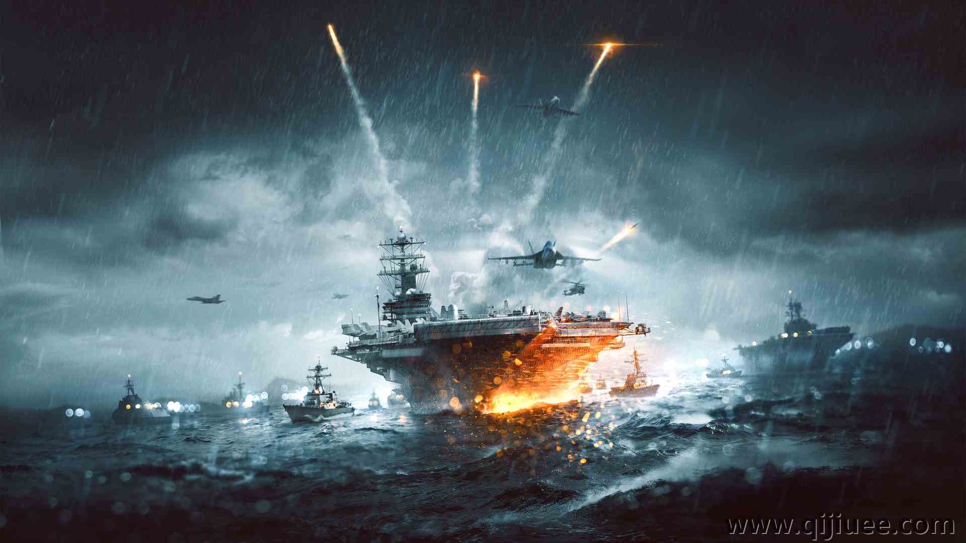 游戏 艺术 战场 航母 雨 海洋 舰队 战场 水 飞机  电脑壁纸 4K壁纸4500 x 2701/2.4 MB-柒染云阁