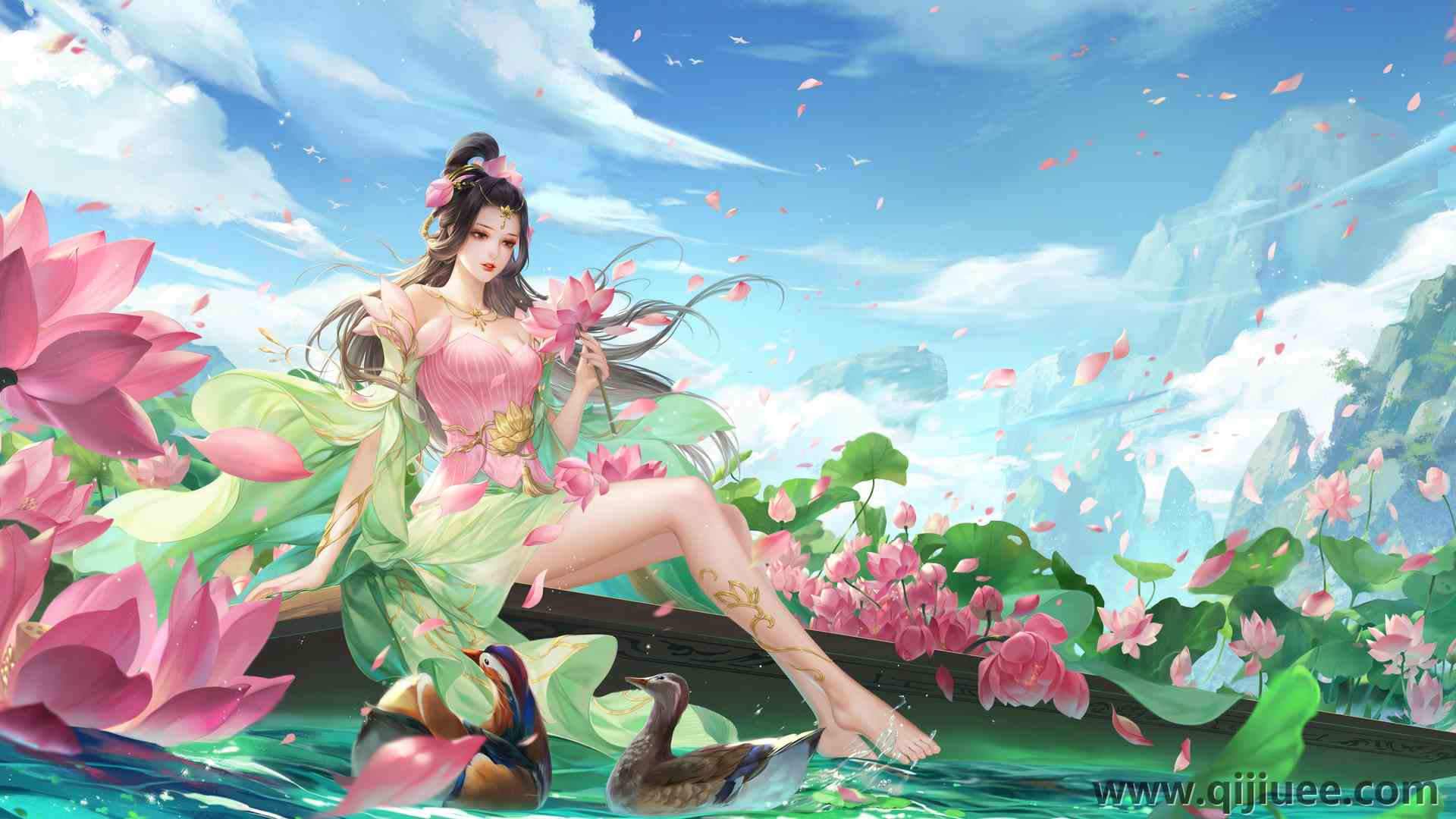 女人 长发 粉色 游戏 花 天空 云 水 花瓣 山 衣服 树叶  电脑壁纸 4K壁纸4927 x 2771/16.96 MB-柒染云阁
