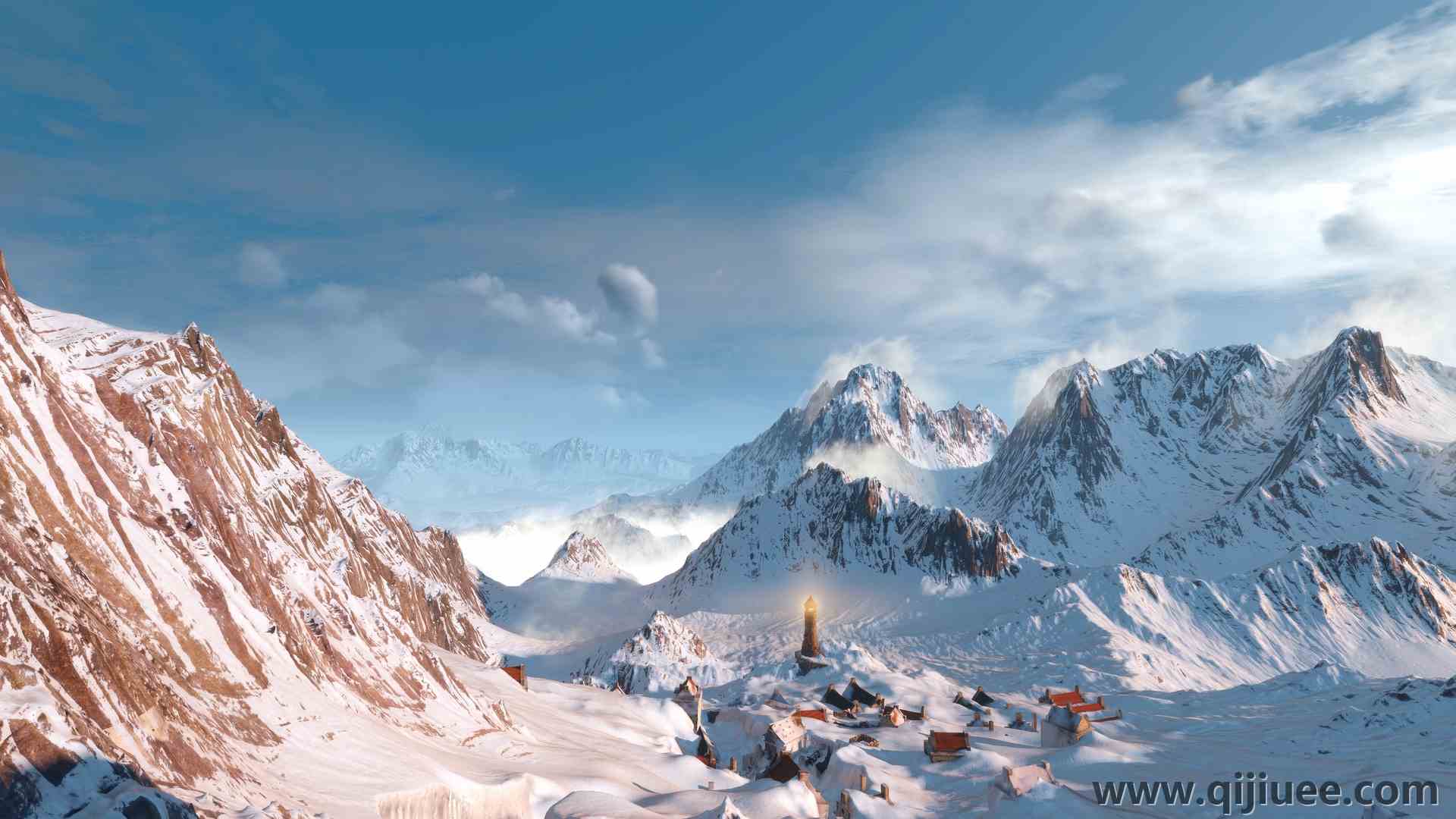 巫师 游戏 山 云 天空 蓝色  电脑壁纸 4K壁纸3840 x 2160/4.88 MB-柒染云阁