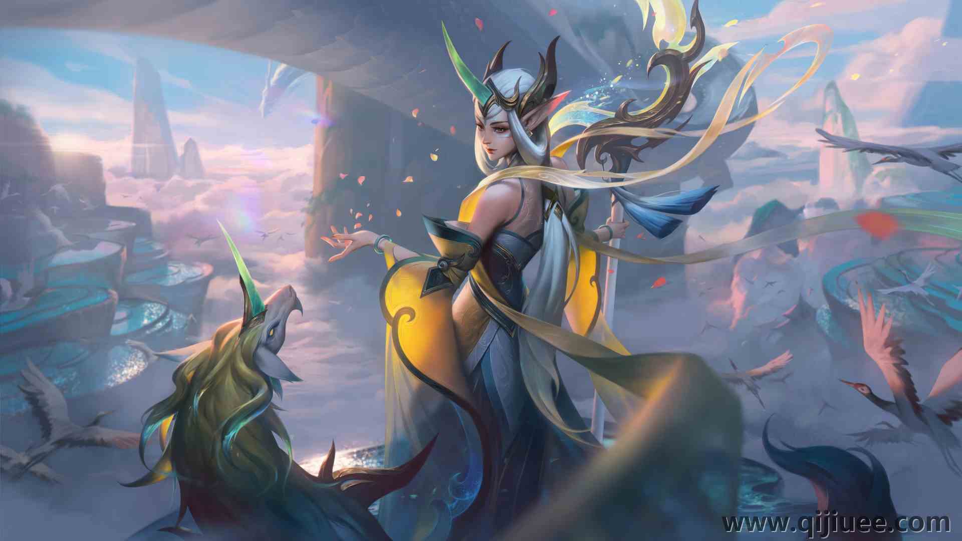 索拉卡 英雄联盟 游戏 人物 LOL AI艺术 花瓣 天空 云 兽耳 动物  8K壁纸7680 x 4320/3.88 MB-柒染云阁
