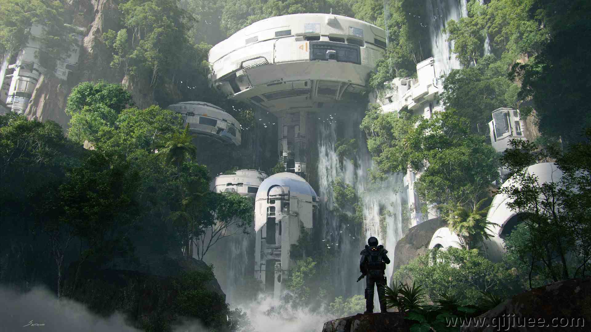 奇幻艺术 瀑布 森林 树木 建筑 未来主义 科幻 水  4K壁纸3840 x 2160/3.28 MB-柒染云阁