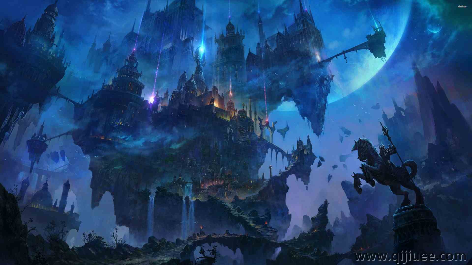 城堡 月亮 夜晚 雕像 瀑布  4K壁纸3840 x 2160/0.97 MB-柒染云阁