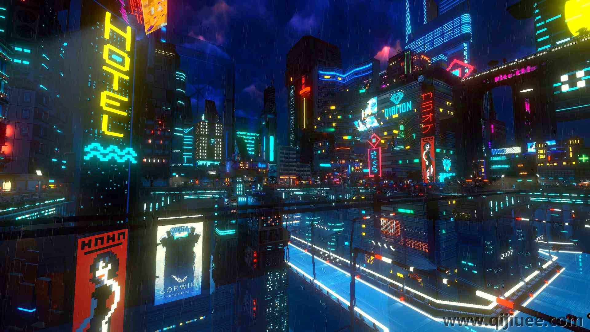 赛博朋克 夜 雨 城市 霓虹灯  4K壁纸3840 x 2160/1.1 MB-柒染云阁