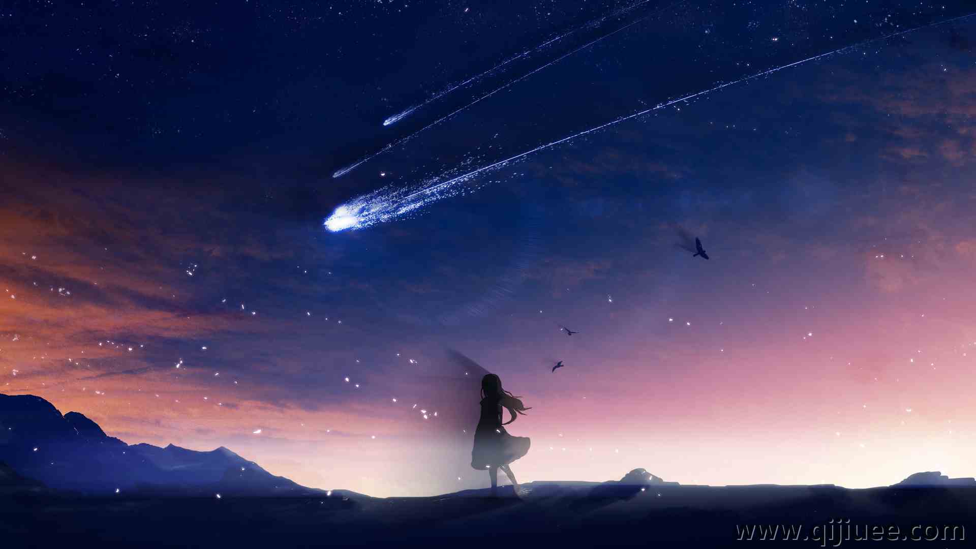 动漫女孩 动漫 流星 AI艺术 明星 夜晚 3840 x 2160/1.59 MB-柒染云阁