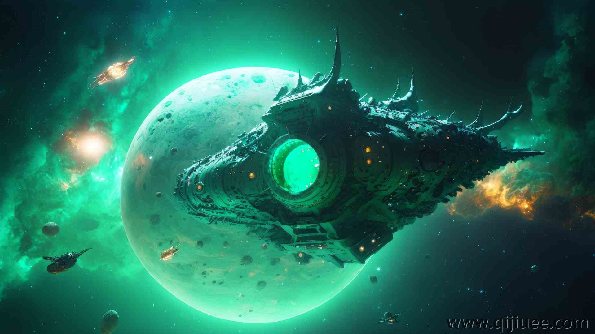 艺术 插图 行星 宇宙飞船 绿松石 太空 未来   电脑壁纸 4K壁纸4579 x 2616/6.77 MB-柒染云阁