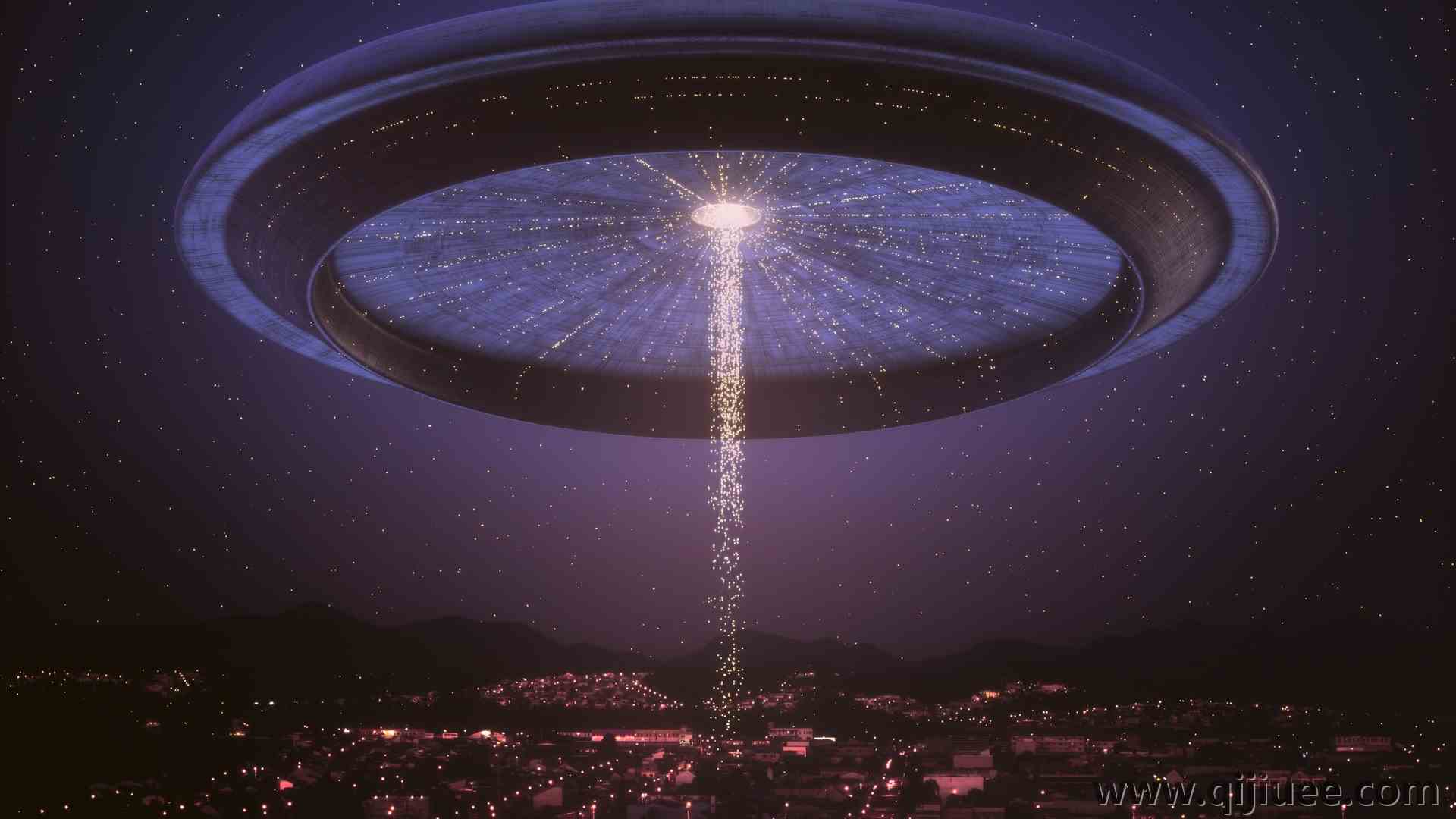 不明飞行物 宇宙飞船 城市 夜晚 未来主义 科幻小说 星星 灯光 漂浮粒子 母舰 外星人绑架 山 鸟瞰 7150 x 5280/4.9 MB-柒染云阁