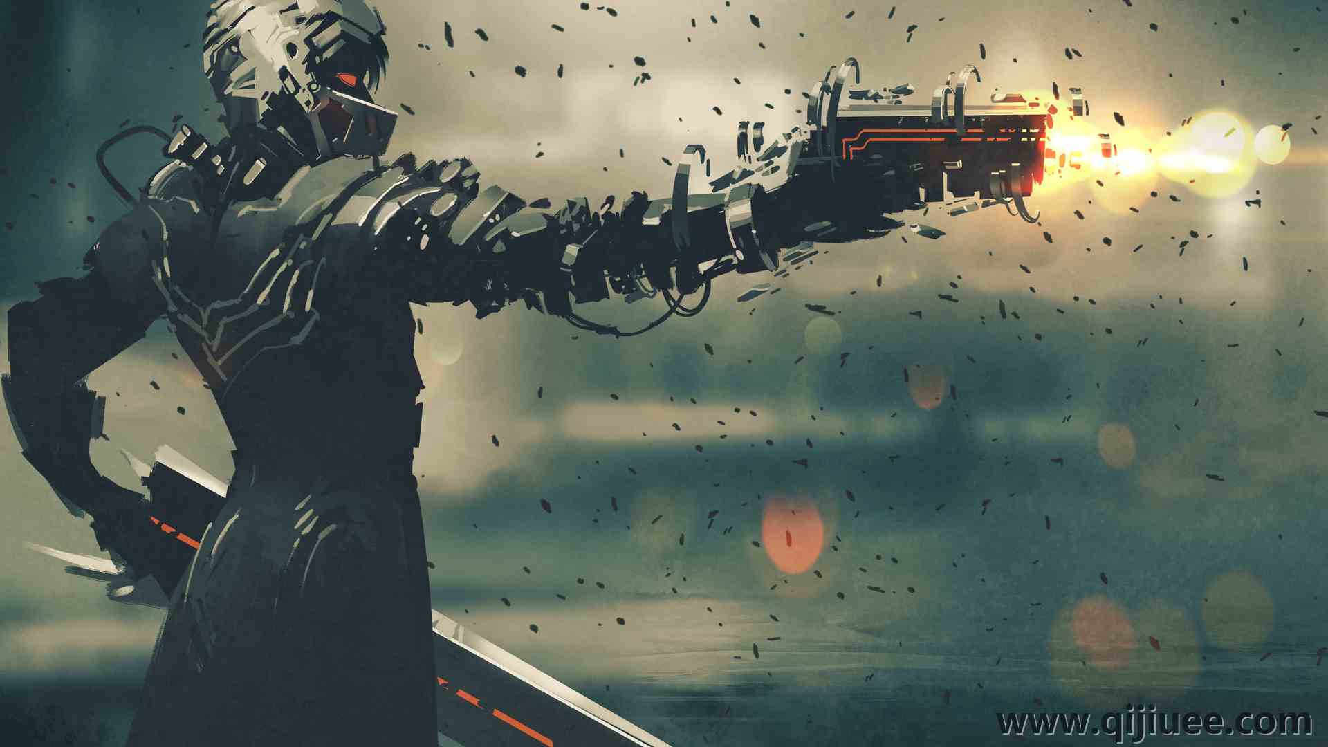 科幻小说 剑 枪 射击 AI艺术 头盔 未来主义 3840 x 2160/1.97 MB-柒染云阁