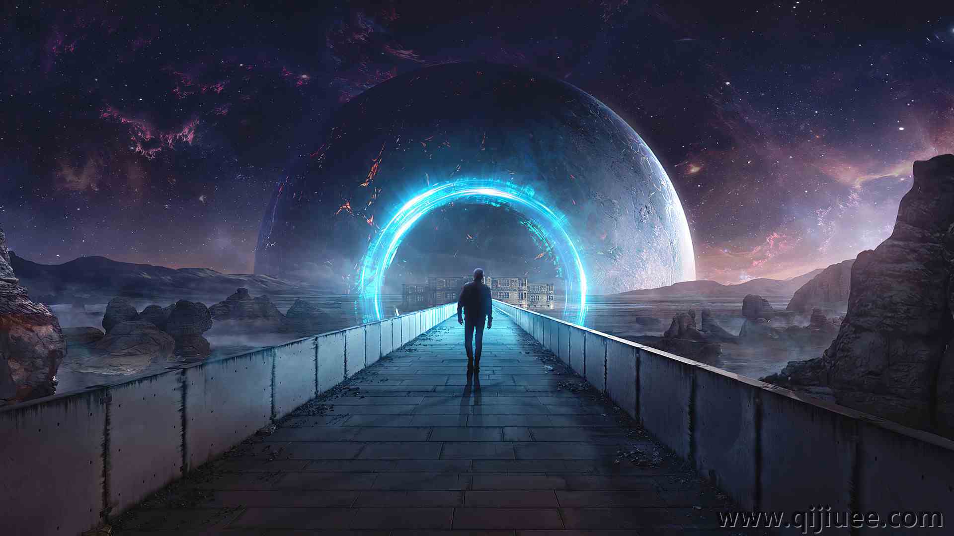 科幻小说 行星 恒星 伽雷 桥梁 房子 岩石 电脑壁纸 4K壁纸3840 x 2160/2.05 MB-柒染云阁