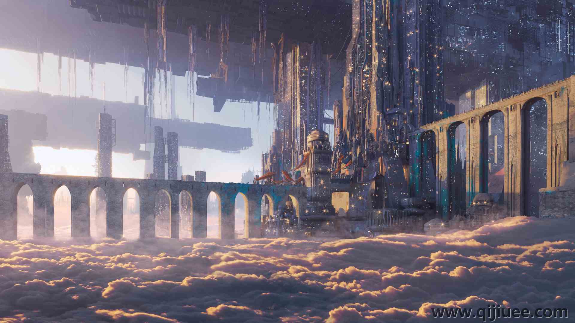 插图 城市 建筑 桥梁 乌托邦 云 幻想艺术  电脑壁纸 4K壁纸3840 x 2160/2.01 MB-柒染云阁