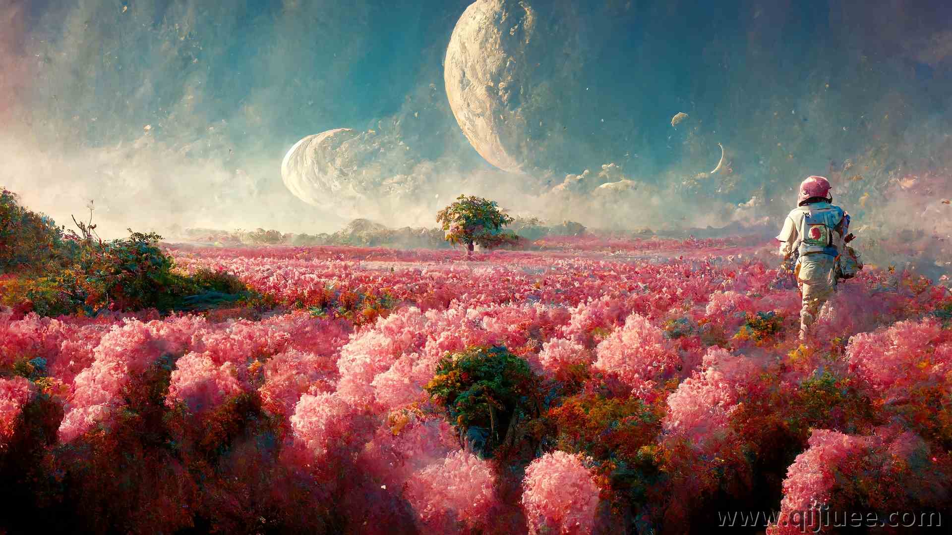 宇航员 月球 空间 领域 绘画 人工智能艺术 树木 花卉 中途 开花 景观 行星  电脑壁纸 4K壁纸4096 x 2304/2.63 MB-柒染云阁
