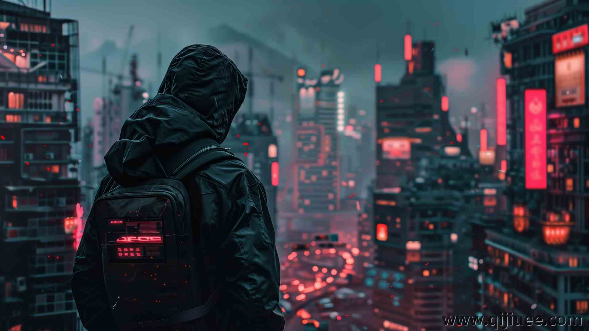 AI艺术 科幻小说 赛伯朋克 城市 背包 兜帽 未来主义 电脑壁纸 4K壁纸5824 x 3264/10.64 MB-柒染云阁