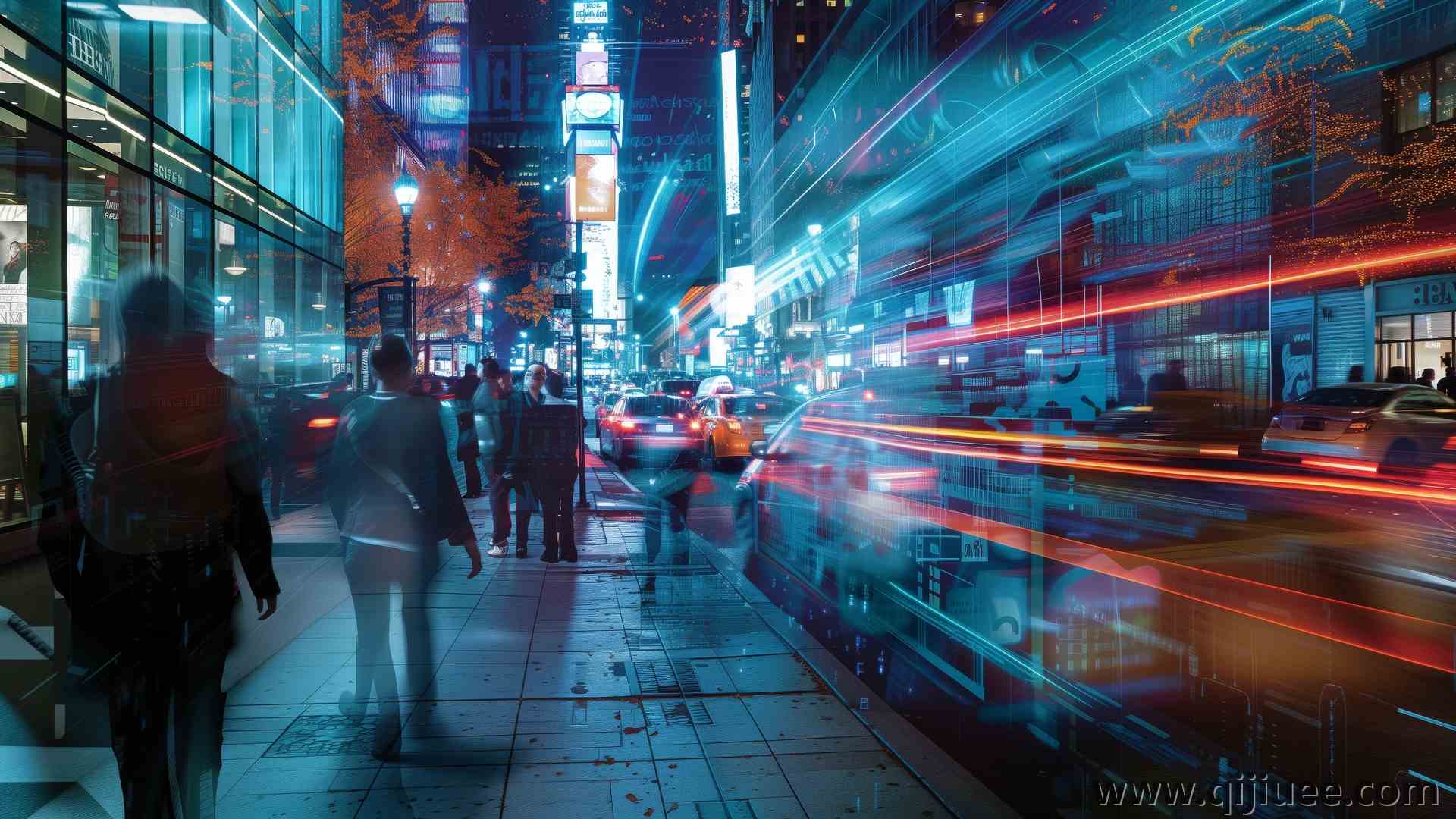 AI艺术 城市 街道 长长的走廊 人行道 繁忙的街道 夜晚 电脑壁纸 4K壁纸5824 x 3264/17.2 MB-柒染云阁