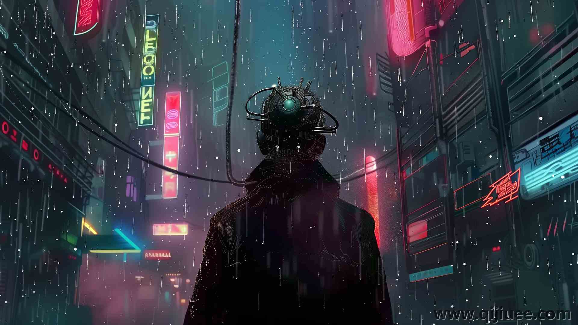 AI艺术 赛伯朋克 插图 雨 城市 耳机 霓虹灯 街道 电脑壁纸 4K壁纸5824 x 3264/10.62 MB-柒染云阁