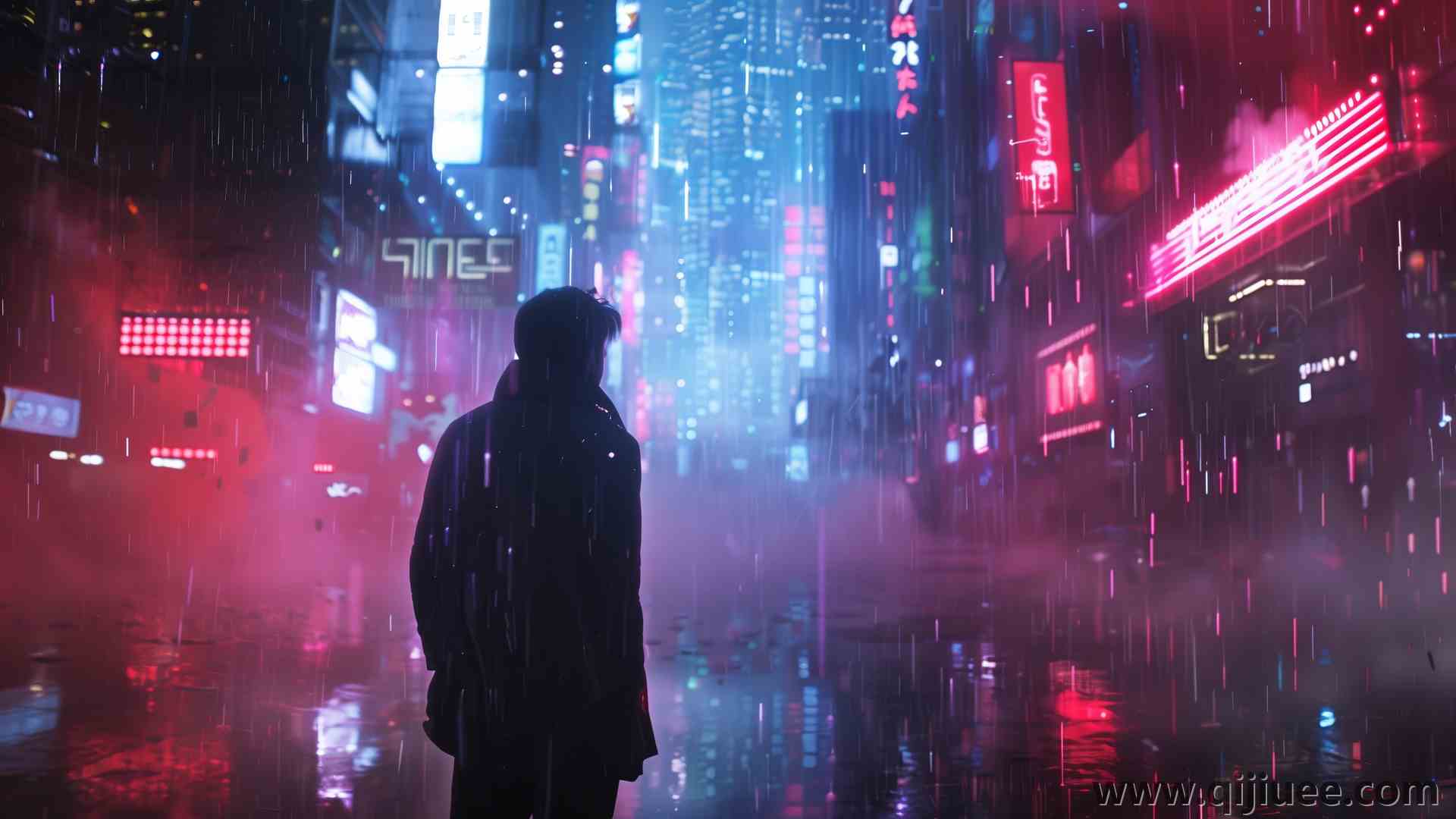 人工智能艺术 赛博朋克 插图 雨 城市 街道 剪影 霓虹灯 电脑壁纸 4K壁纸5824 x 3264/9.96 MB-柒染云阁