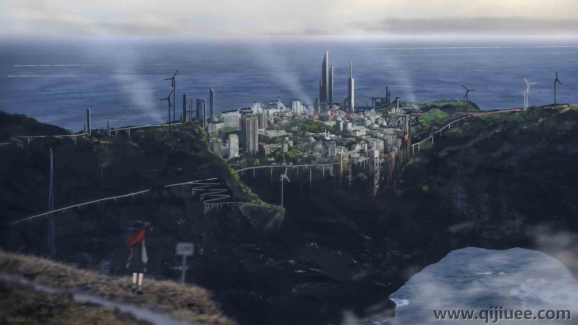 数字艺术 艺术品 海 摩天大楼 风力涡轮机 悬崖 城市景观  电脑壁纸 4K壁纸3840 x 2160/11.32 MB-柒染云阁