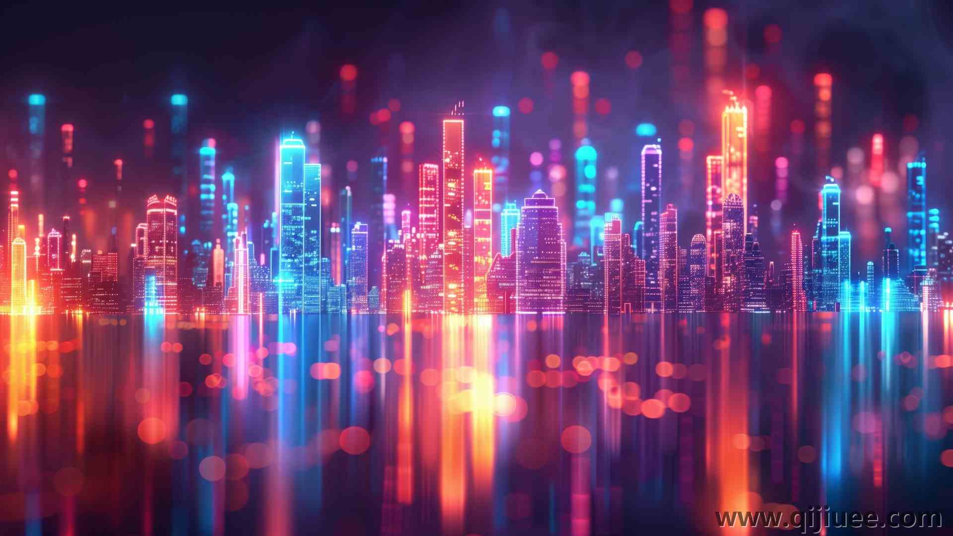 人工智能艺术 丰富多彩 天际线 反射 散景 景深 摩天大楼 插图 电脑贴纸 4K贴纸5824 x 3264/11.2 MB-柒染云阁