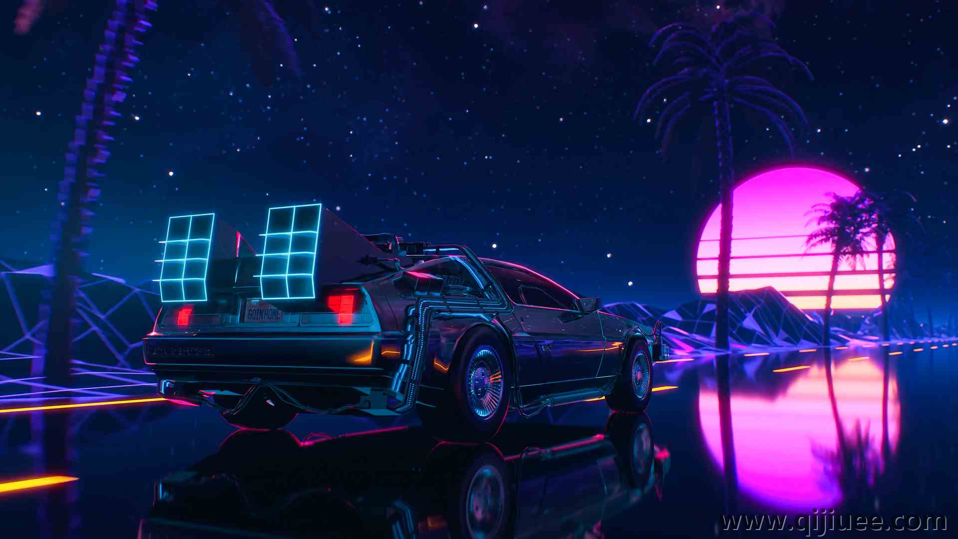 回到未来 环境 逆波 合成波 AI艺术 棕榈树 星星 反射 尾灯 汽车 太阳 5120 x 2880/16.65 MB-柒染云阁