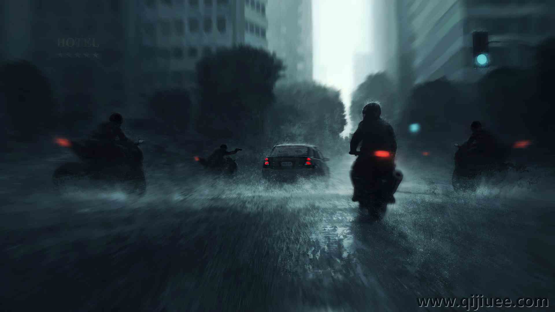摩托车 汽车  运动模糊 AI艺术 雨中的摩托车3840 x 2160/1.87 MB-柒染云阁