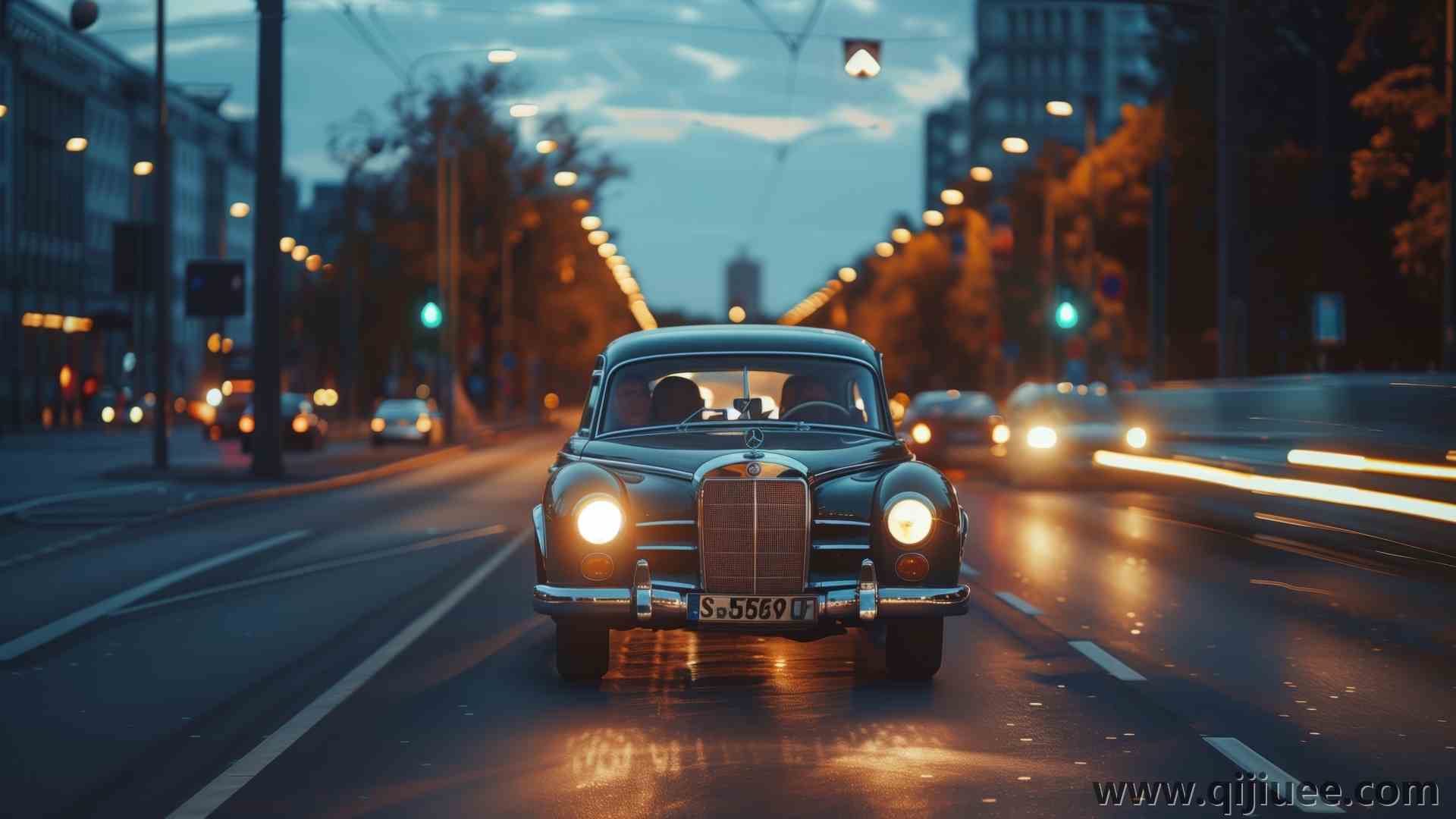 奔驰 复古车 黄昏 驾驶 前灯  电脑贴纸 4K贴纸5824 x 3264/9.36 MB-柒染云阁