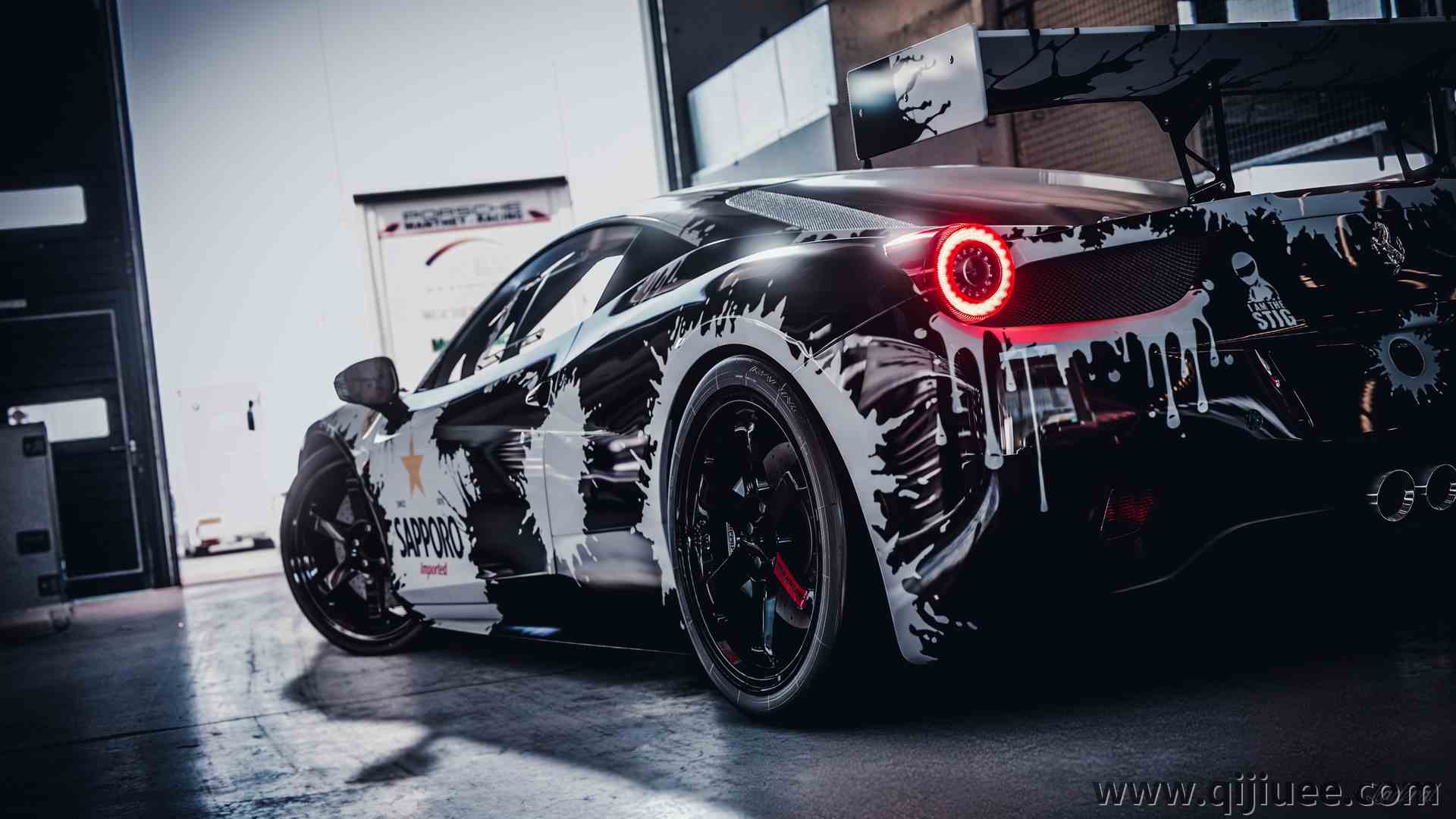 车库 法拉利 黑色 白色  红灯 汽车 游戏CG  电脑壁纸 4K壁纸3840 x 2160/2.53 MB-柒染云阁