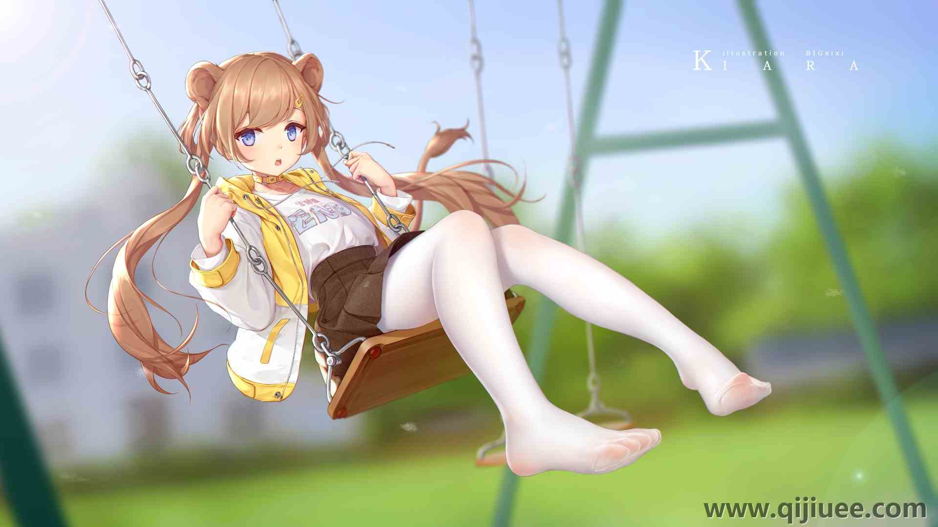 脚 金发 蓝眼睛 动漫女孩 秋千 双尾 动漫 裤袜 3840 x 2160/0.96 MB-柒染云阁