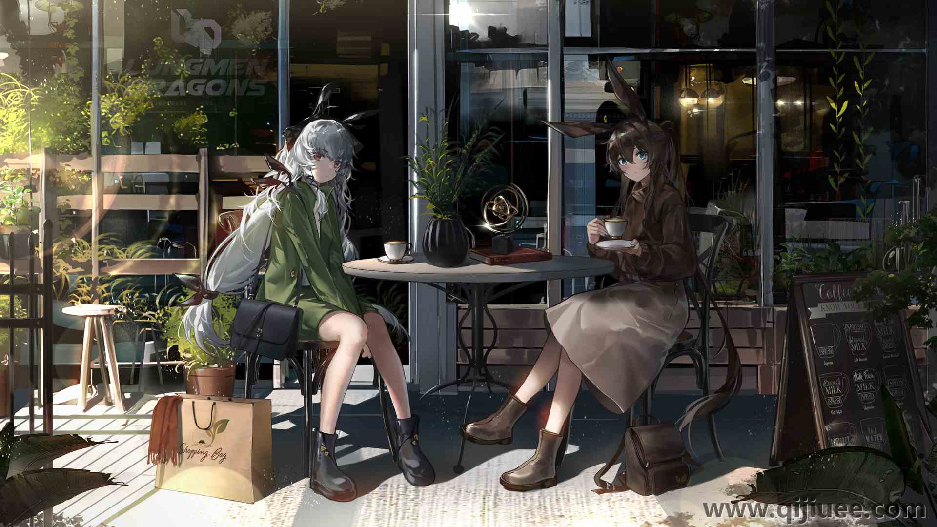 猫女孩 坐着 长发 交叉双腿 动漫女孩 AI艺术 咖啡 桌子 椅子 窗户 包 兔子女孩 兔耳朵 阳光 杯子 饮料 树叶 植物 钱包 3840 x 2160/11.65 MB-柒染云阁