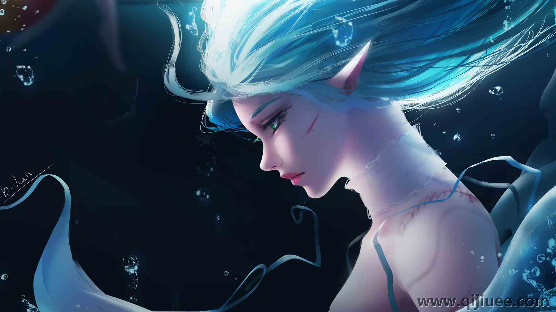 精灵 女人 绿眼睛 幻想女孩 脸  青色头发3840 x 2160/0.87 MB-柒染云阁
