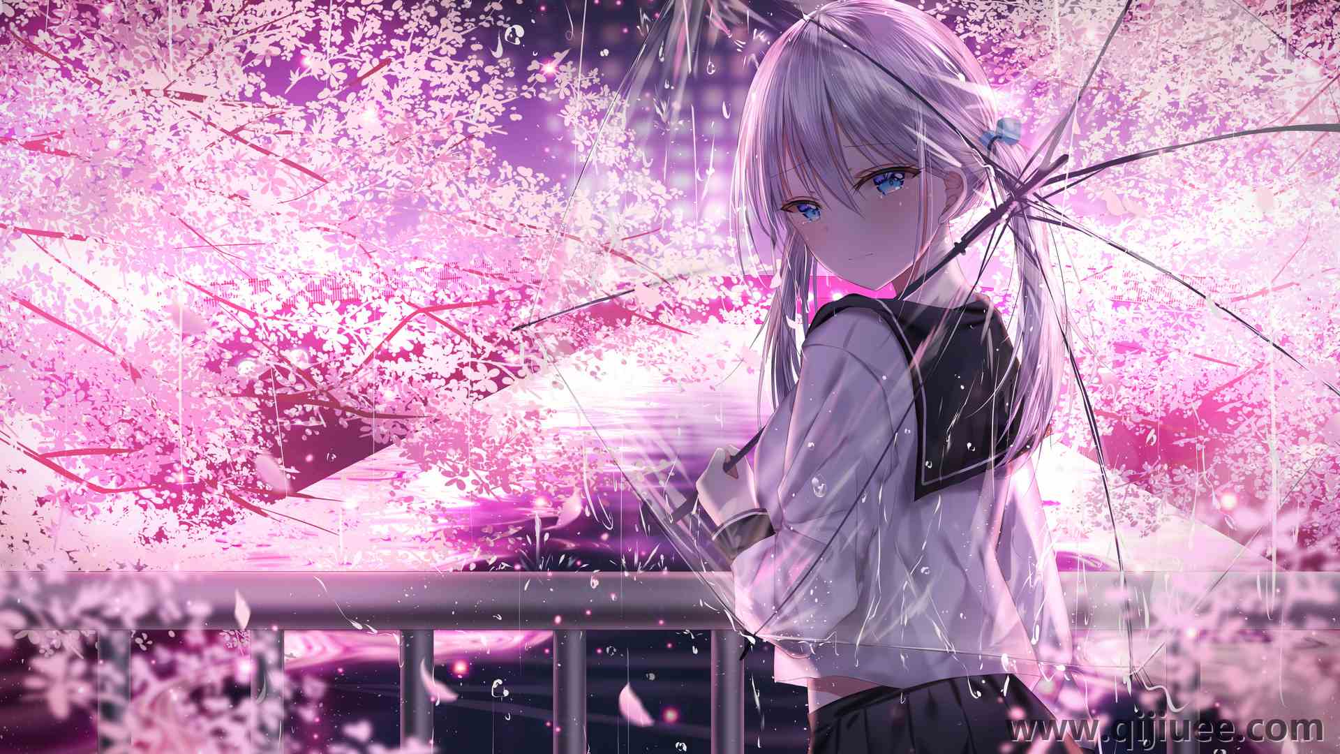 纯帕库卡伦 动漫女孩 校服 水手服 哭泣  雨 樱花 波克 夜 绘画3840 x 2160/3.45 MB-柒染云阁