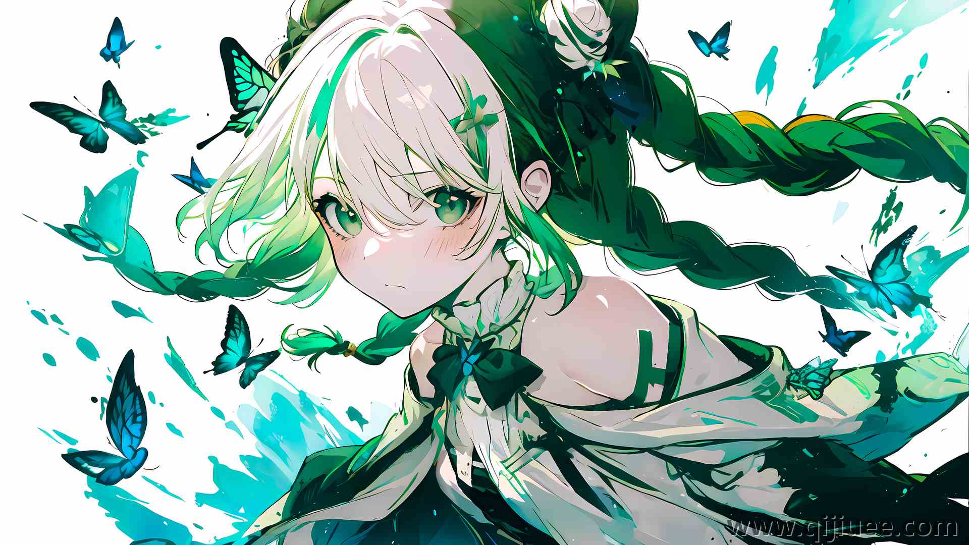 渐变头发 辫子 绿色眼睛 人工智能艺术 蝴蝶 动漫女孩 3840 x 2160/1.63 MB-柒染云阁