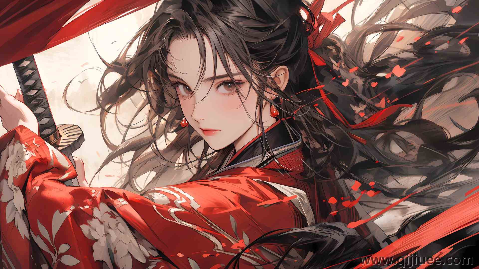 艺术 AI艺术 武士刀 红色衣服的女孩3840 x 2160/1.42 MB-柒染云阁