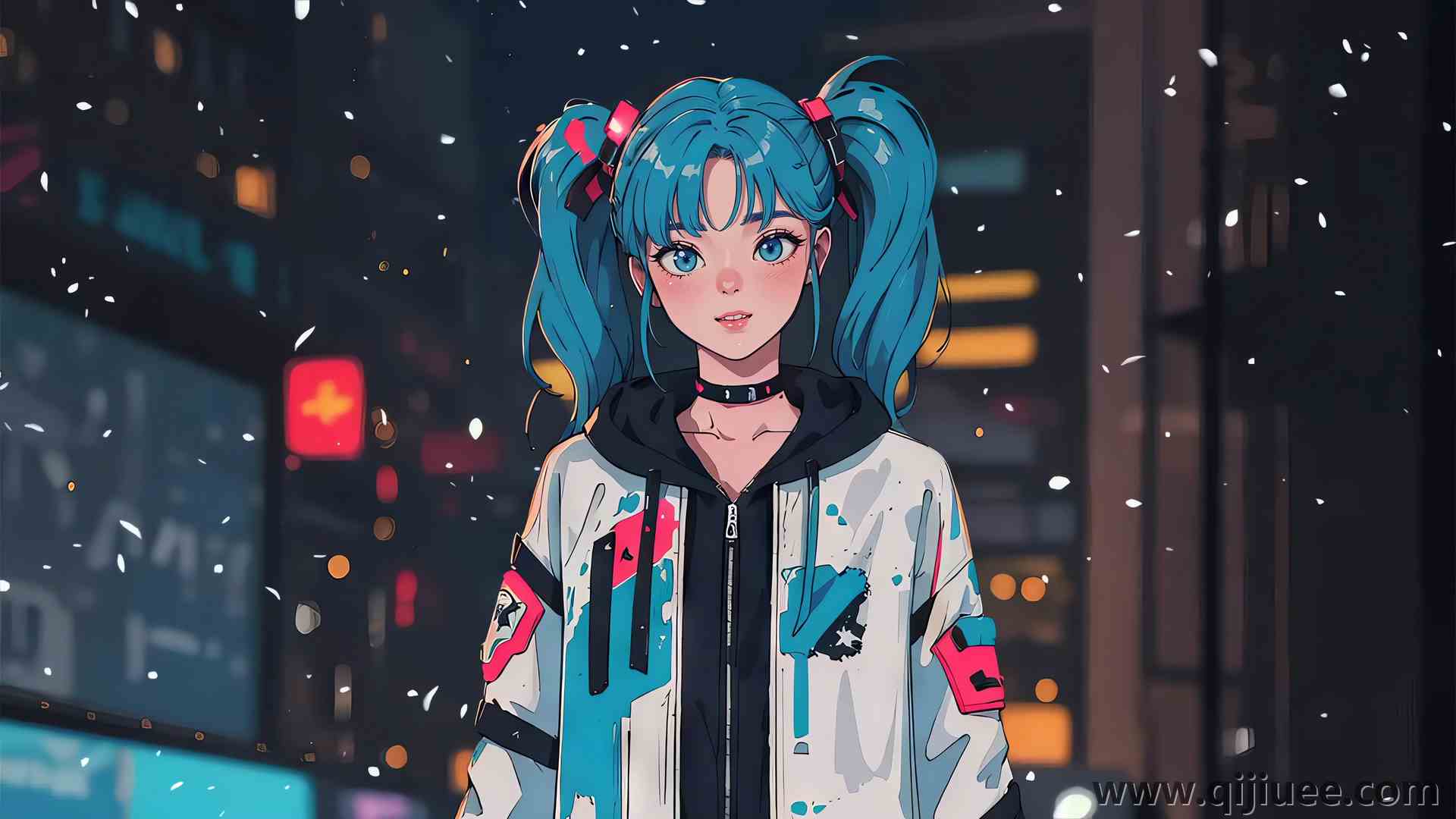 蓝头发 蓝眼睛 动漫女孩 项链 双尾 夹克3840 x 2160/1.03 MB-柒染云阁