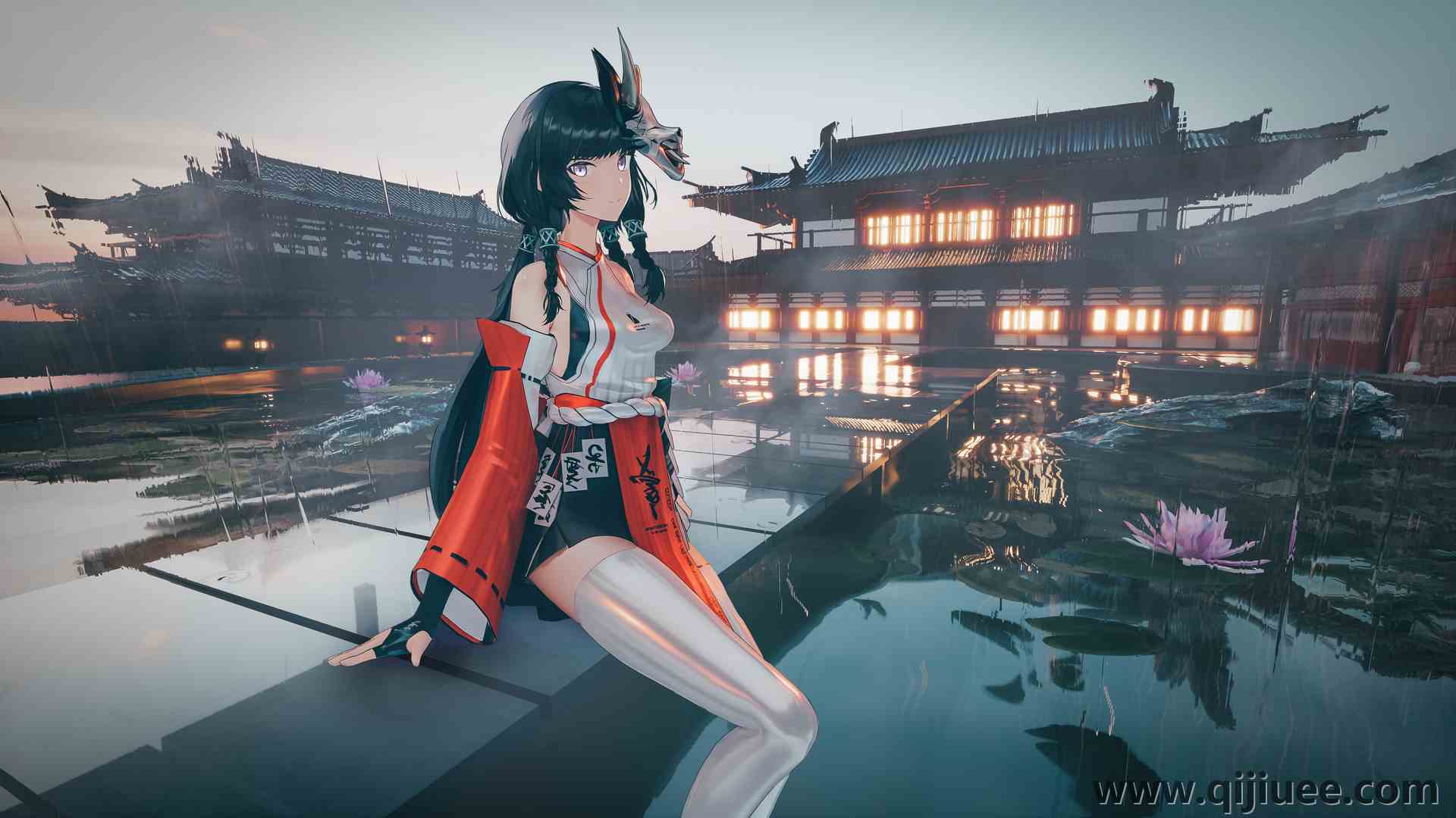 西摩 辫子 紫色的头发  睡莲 水 雨 3840 x 2160/1.92 MB-柒染云阁