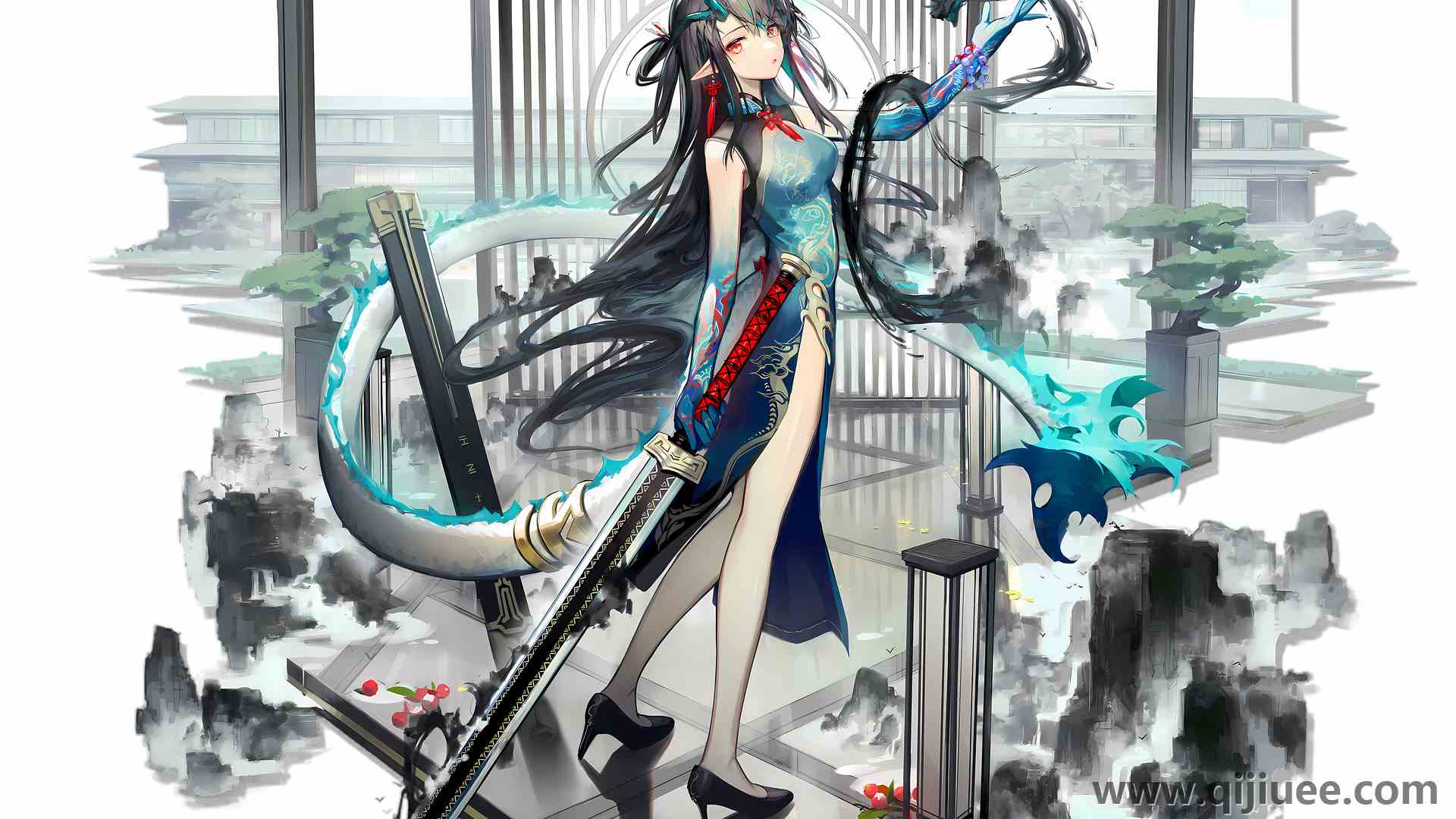 花娘黑图 武士 动漫游戏 动漫女孩 黄昏 武士 龙女 中国服饰 3840 x 2160/2.14 MB-柒染云阁