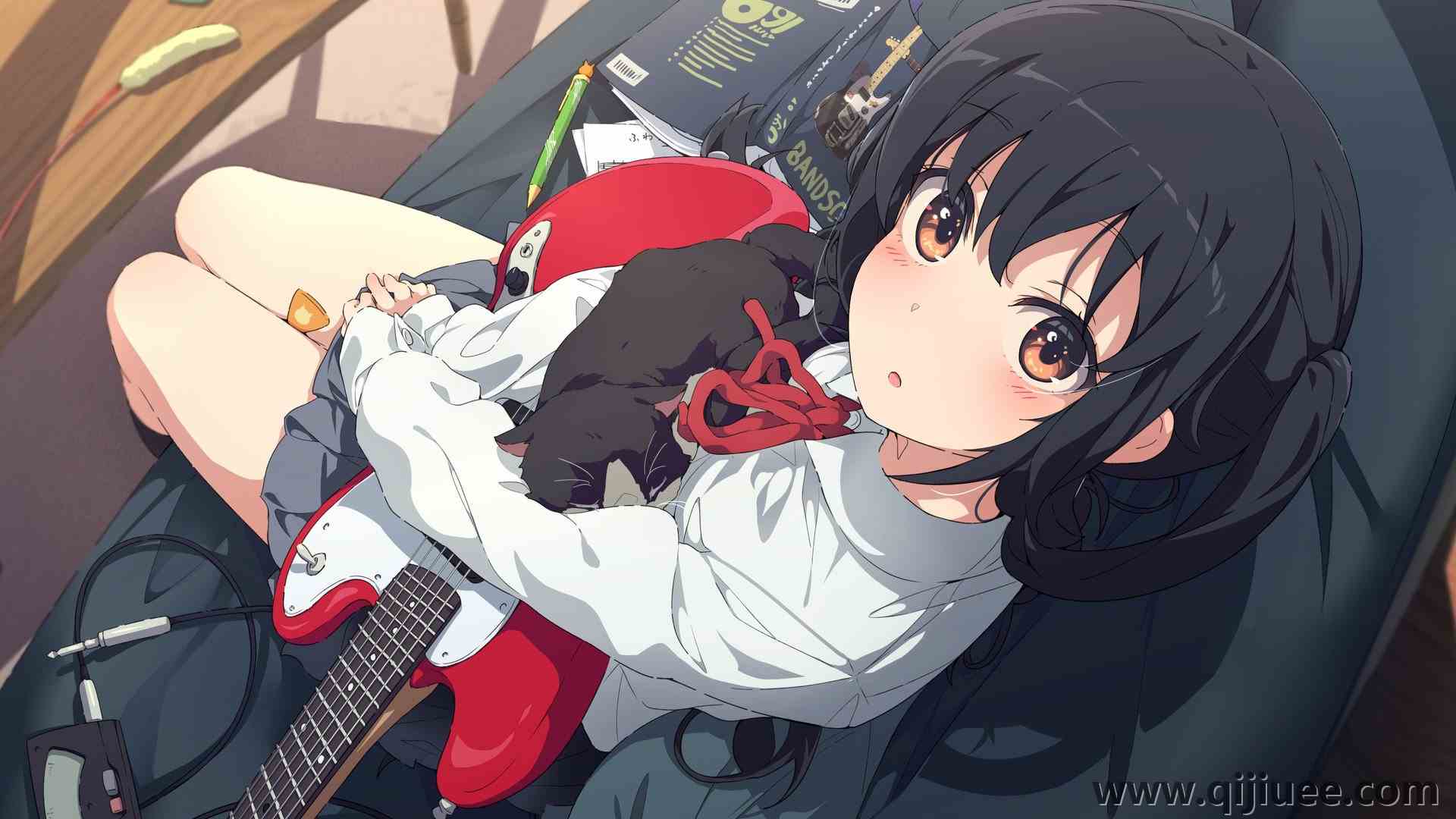 动漫女孩 校服 电吉他 乐器 猫 动物 吉他 中野阿祖萨3840 x 2160/0.59 MB-柒染云阁