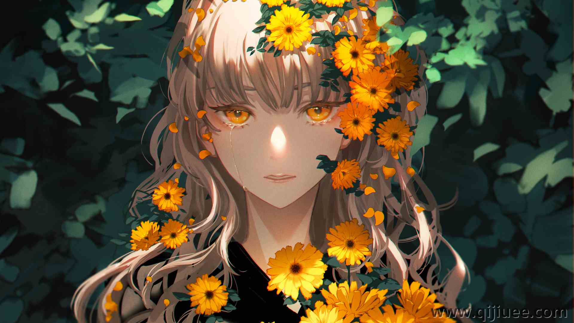 动漫 动漫女孩 植物 鲜花 向日葵 黄眼睛 哭泣 3840 x 2160/2.54 MB-柒染云阁
