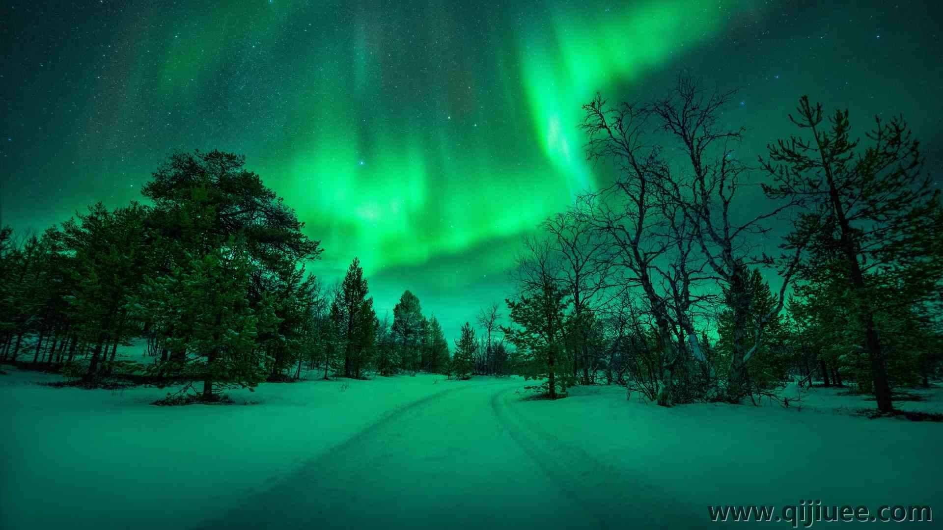 极光 自然 道路 冬天 雪 树 天空 风景 3840 x 2160/3.41 MB-柒染云阁